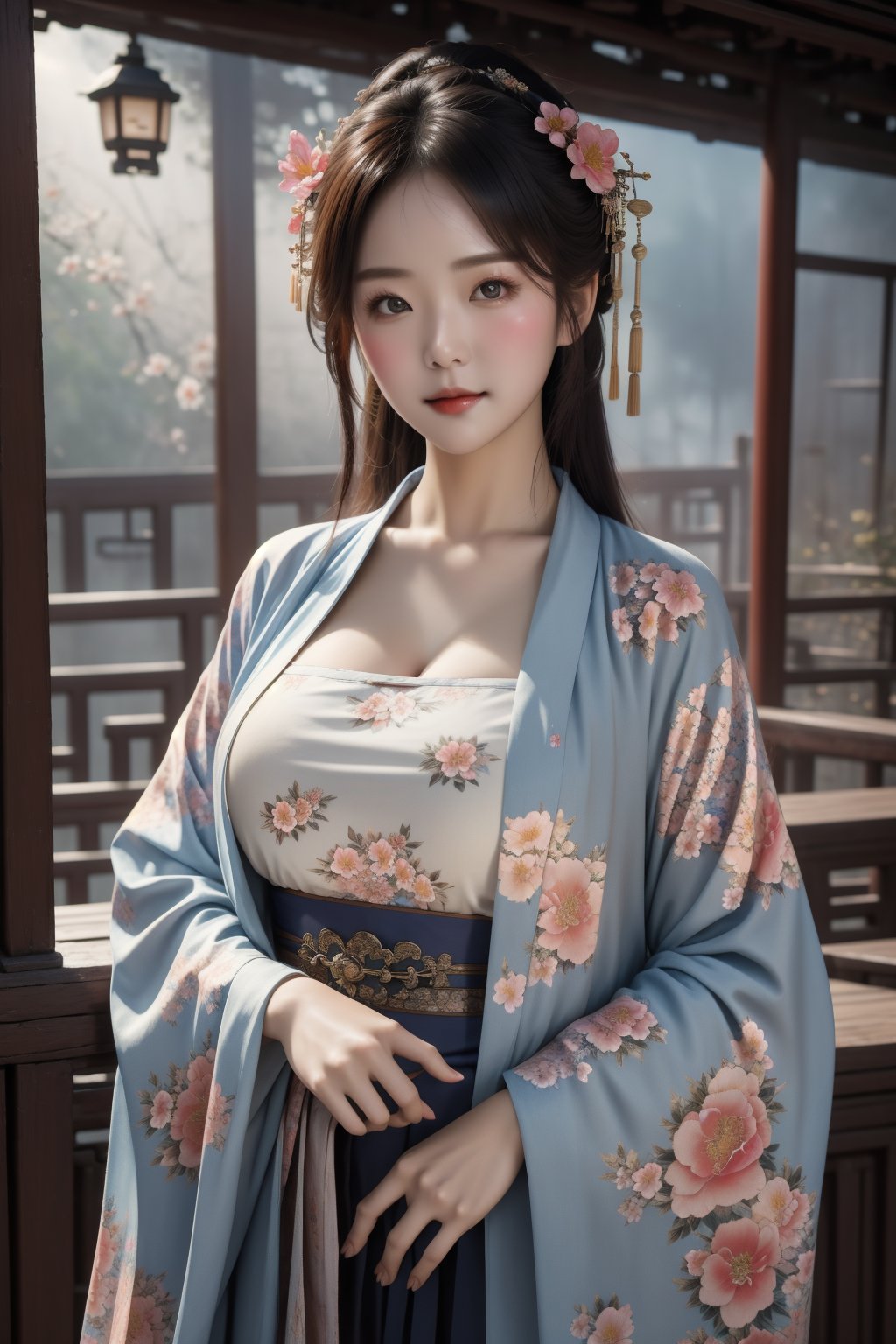 masterpiece,best quality,Light master,floral print,(cleavage:0.8),chang,1girl,long sleeves,upper body,looking at viewer,standing, frontal, professional 4k, trending on artportate, (beautiful:1.46) instagram