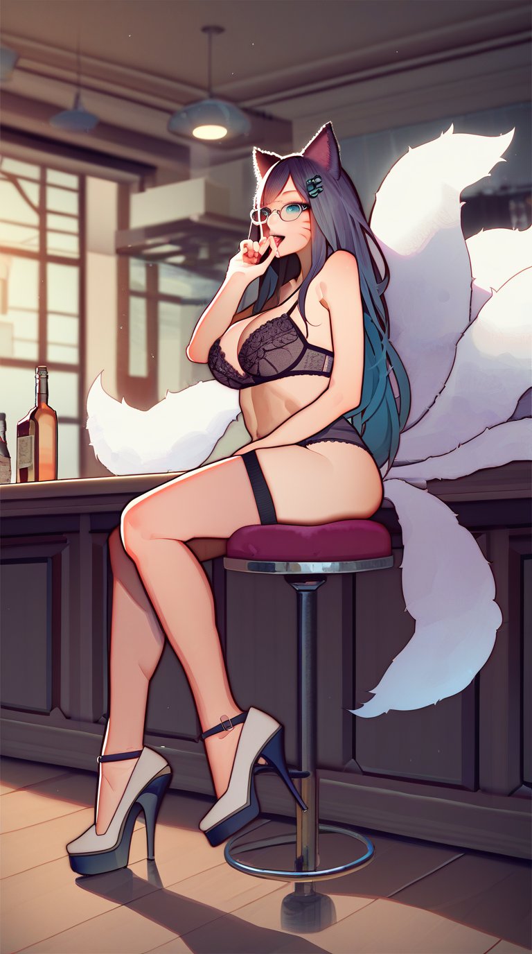 by muk (monsieur) ,score_9, score_8_up, best quality,BREAK1girl, ahri (league of legends), fox girl, fox ears, nine-tailed, fox tails, kitsune, large breasts, full body, lingerie, sitiing on bar stool, finger in own mouth, sexually suggestive,indoors, night club, pub, glasses, alcohol