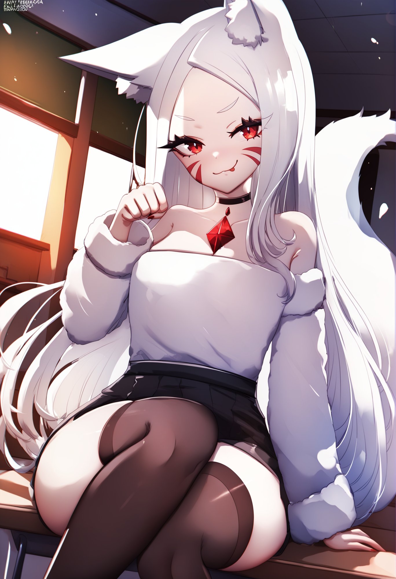 (by nekoya \(liu\), by nanoless  :0.8)   ,score_9, score_8_up, best quality,BREAK1girl, shiro \(sewayaki kitsune no senko-san\), animal_ear_fluff, fox girl, fox ears, kitsune, white fox tail, eyelashes, white hair, long hair, red eyes, facial whisker markings, choker gem, white strapless dress, clothes cutout, black stockings, sitting in table, smug face, hips, paw pose,indoors, classroom, school, windows, winter outside