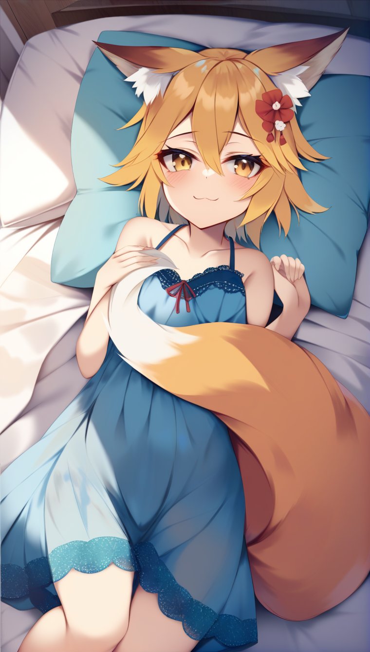 (by nibiiro shizuka, by ke-ta, by shirokitsune :0.8),score_9, score_8_up, score_7_up, best quality,BREAK1girl, animal_ear_fluff, fox girl, fox ears, fox tail, kitsune, eyelashes, blonde hair, short hair, yellow eyes, flower barrette, senko \(sewayaki kitsune no senko-san\), flat chest, nightgown, sleepy, laying in bed, hugging own tail, there is an innocent  smile on her face,indoors, bedroom, nighttime, blanket