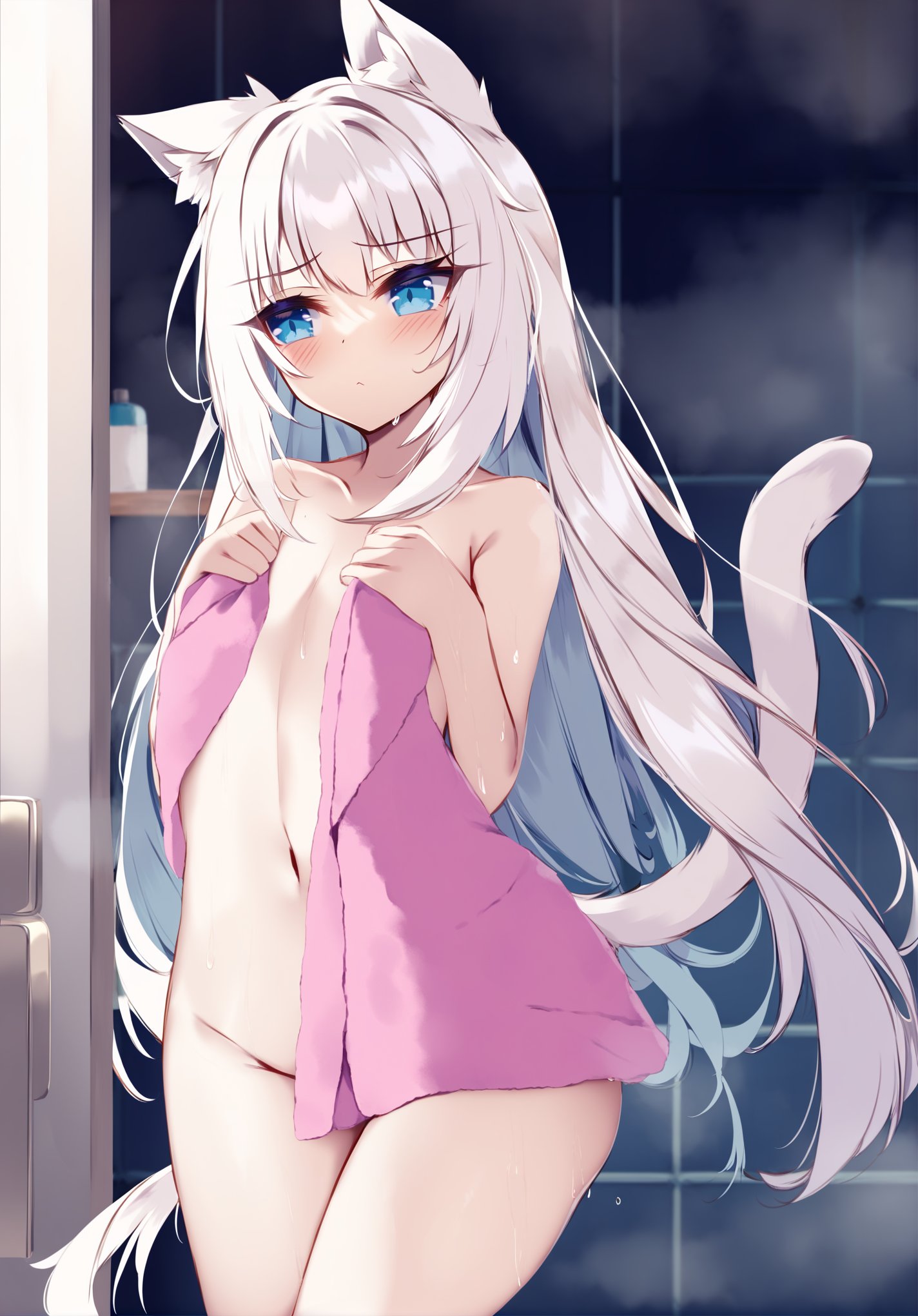 (by nibiiro shizuka, by ke-ta, by shirokitsune :0.8), (by floofsmear:0.6),  score_9, score_8_up,  best quality BREAK1girl, vanila \(nekopara\),  cat girl, cat ears, cat tail, flat chest, white hair, long hair, blue eyes, towel over naked body, blush, looking away, lifted by tail, hips,indoors, bathroom