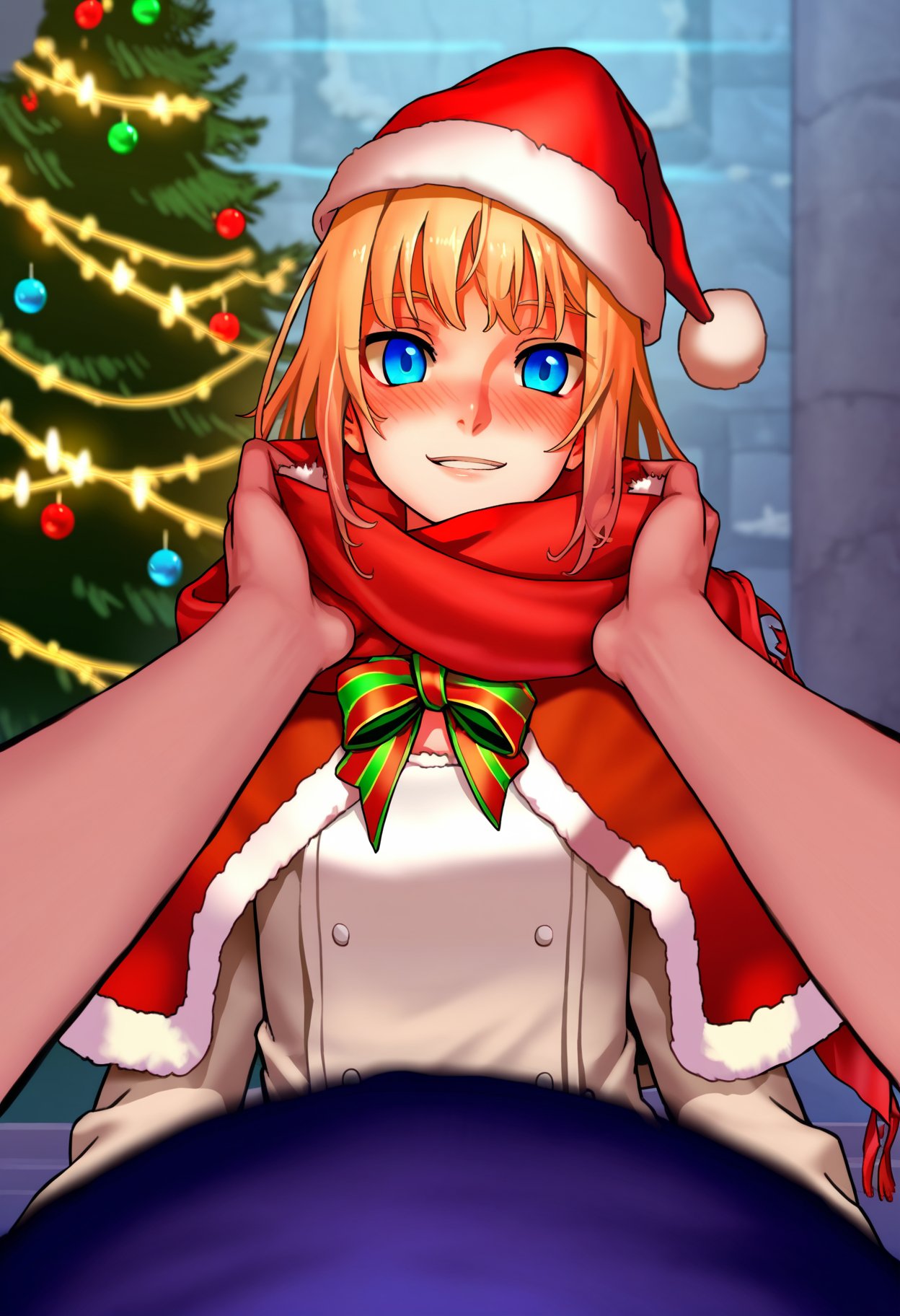 by as109, score_9, score_8_up, score_7_up, best quality, masterpiece, uncensored, source_animeBREAKalice (as109), 1girl, adjusting scarf, blue eyes, blush, capelet, christmas, fur trim, hat, looking at viewer, parted lips, pine tree, pov, santa hat, smiling, happy, scarf, solo focus, tree