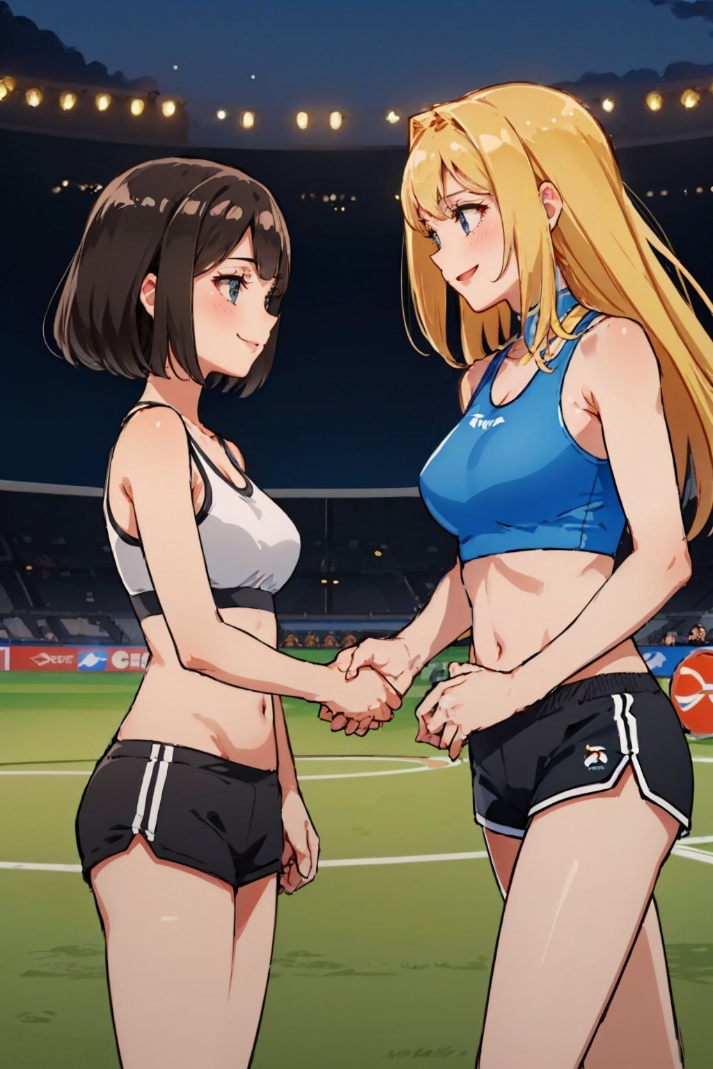 (masterpiece, best quality:1.2), 2girls, smile, looking at another, handshake, sports bra, black shorts <lyco:concept_handshake-11:1.0>