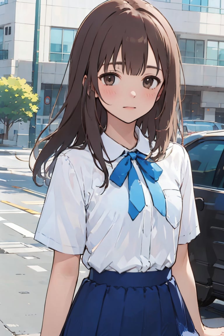 a girl, long hair, brown hair, bang, white shirts, blue skirt, blue bow, looking at the viewer,<lora:EMS-296768-EMS:0.800000>