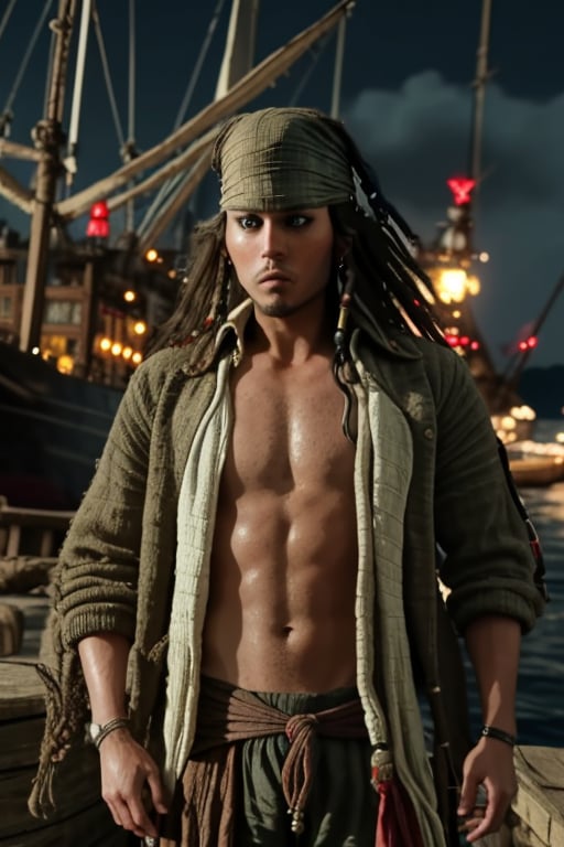 A handsome young man, Jack Sparrow, 18 years old, red bandana, wearing the black and white jacket, black sweater. action scene, in the background a into a night ship with neon lights, interactive elements, very detailed, ((Detailed face)), ((Detailed Half body)), Color Booster, Jack Sparrow