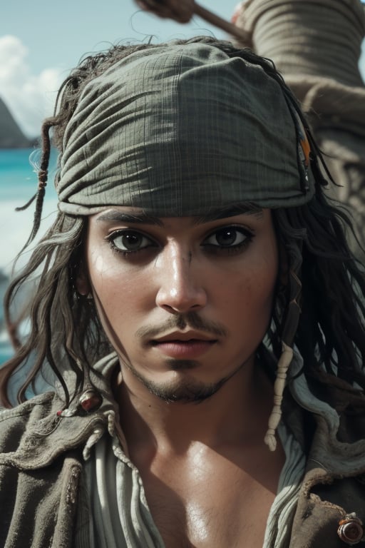 A young Jack Sparrow, in the background The Caribbean, surreal, abstract. interactive elements, highly detailed, ((Detailed Face)), ((Detailed Half Body)), Color Booster, sciamano240, Jack Sparrow