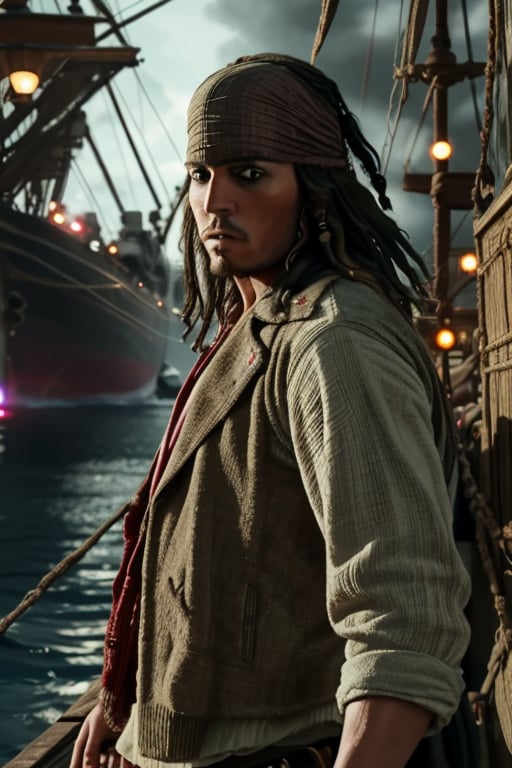 A handsome young man, Jack Sparrow, 18 years old, red bandana, wearing the black and white jacket, black sweater. action scene, in the background a into a night ship with neon lights, interactive elements, very detailed, ((Detailed face)), ((Detailed Half body)), Color Booster, Jack Sparrow