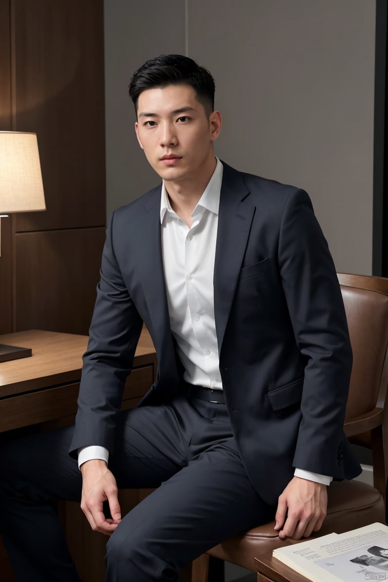 1man, portrait,fashion model,male focus,solo,suit,shirt,(masterpiece, realistic, Hyper-Realistic, Ultra High Resolution, 8K, RAW Photo, Cover Art, Photo Art), asian, exquisite facial features, handsome, deep eyes, muscular,dynamic pose,moody lighting,cinematic composition,indoors,blurry,jzns,br