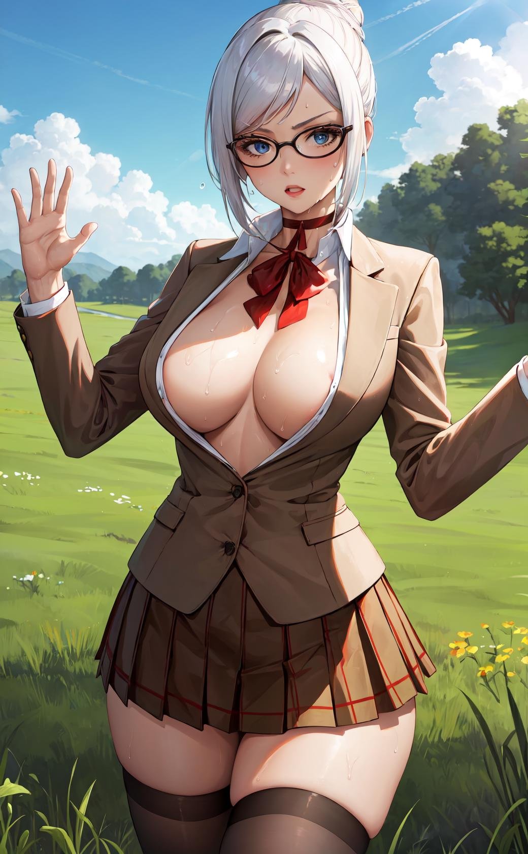 masterpiece, best quality, highres,MeikoDef, 1girl, solo, blonde hair, white hair, sidelocks, blue eyes, grey eyes, breasts, short hair, bangs, large breasts, huge breasts, glasses, hair bun, swept bangs, single hair bun, prison school, sweat, sweatdrop, wet, shiny skin,skirt, thighhighs, long sleeves, choker, neck ribbon, red bowtie, bow, ribbon, cleavage, school uniform, collarbone, jacket, braid, thighs, pleated skirt, open clothes, black thighhighs, miniskirt, bowtie, red bow, open jacket, zettai ryouiki, open shirt, no bra, skindentation, buttons, blazer, black-framed eyewear, brown skirt, brown jacket, unbuttoned, brown thighhighs, partially unbuttoned,panties, skirt lift, standing, cowboy shot, waving, waving arms, looking at viewer, outdoors, grass, field, forest, sunlight, sky, blue sky, <lora:Meiko:1>