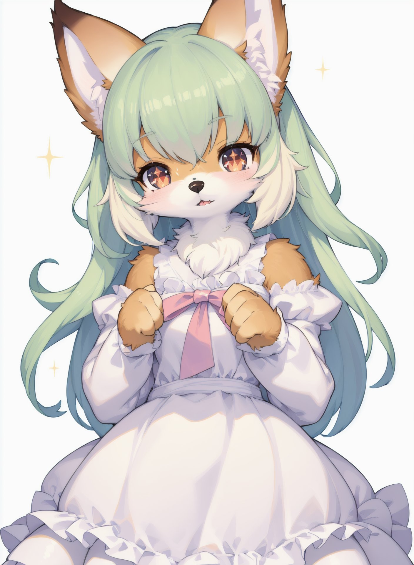 (best quality), ((masterpiece)), (illustration), (ultra-detailed), ((anthro)), ((furry)), ((kemono)), ((female furry)), ((furry_female)), 1girl, (white background:1.3), pastel dress, sparkles, pastel color, white anthro dog girl