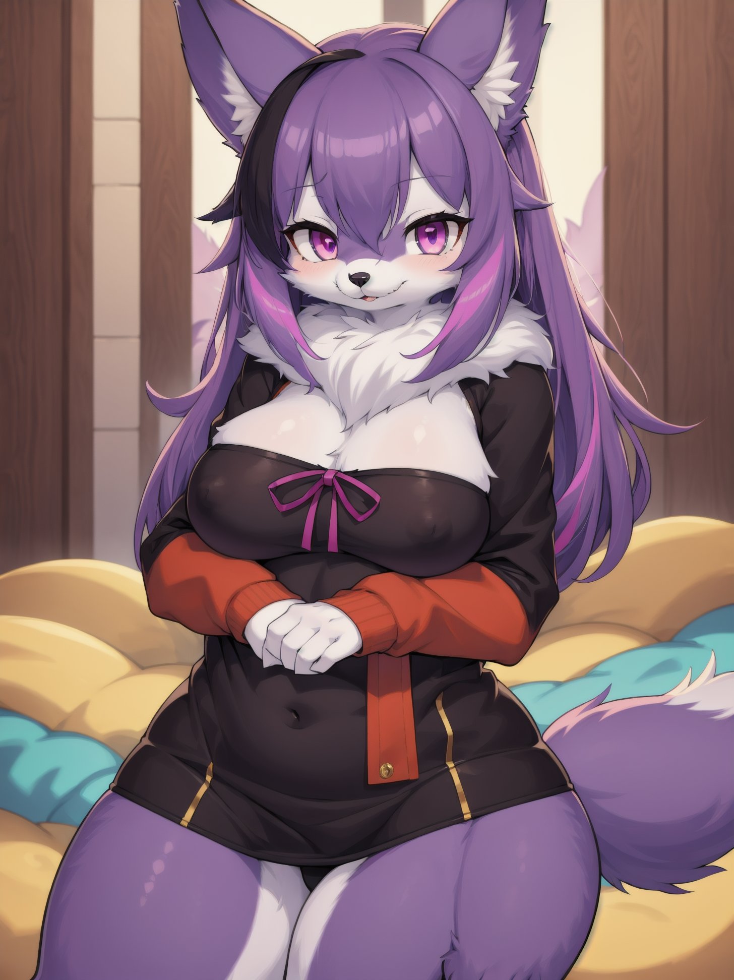 (fluffy anthro furry:1.3), small breasts, 1girl, solo, purple hair, (multicolored eyes:1.2), fox ears, black