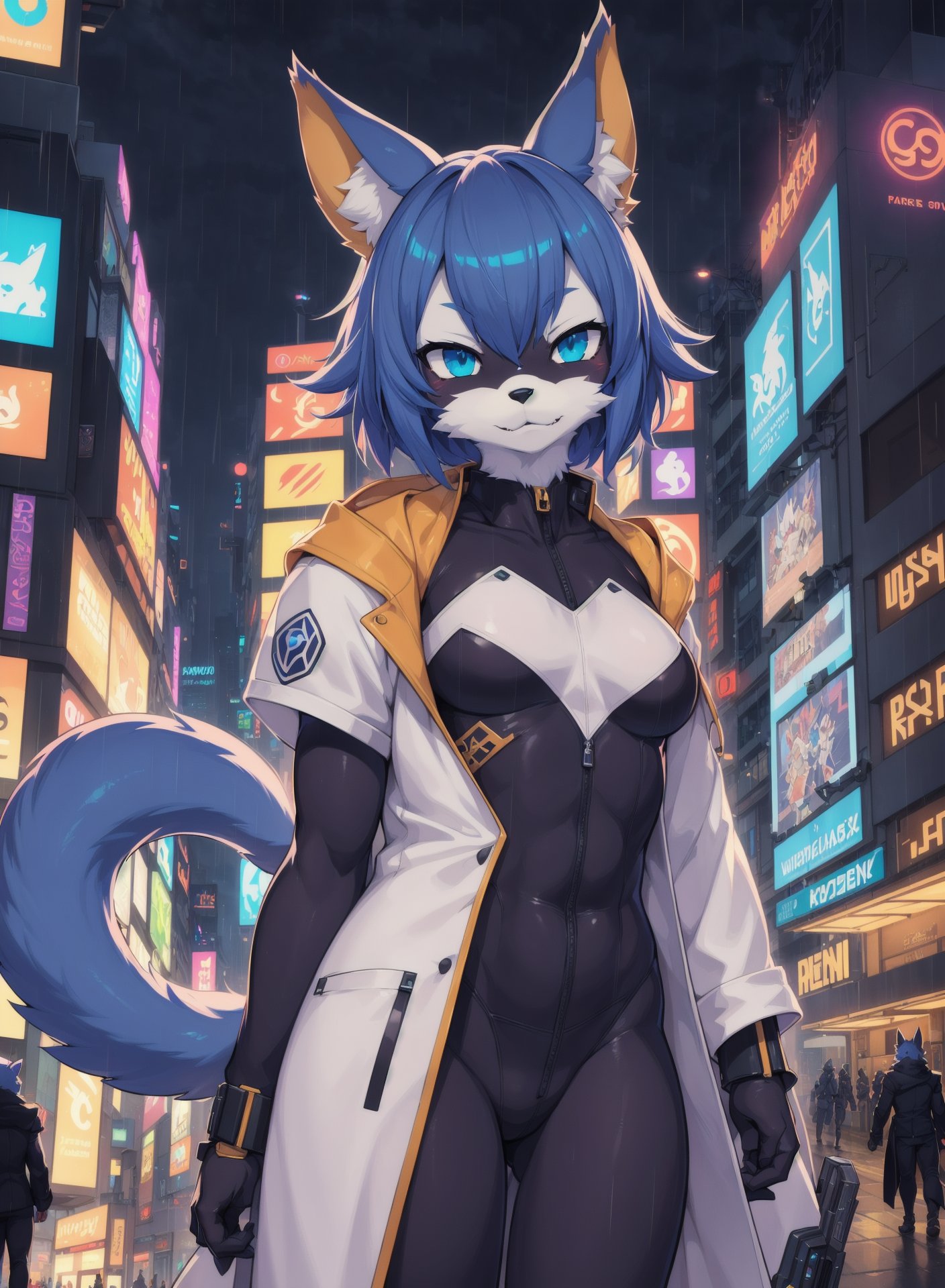 Award winning beautiful portrait commission of a male furry anthro protogen fursona with a tail and a cute beautiful attractive detailed furry face wearing stylish cyberpunk clothes, outline, in a city at night while it rains. character design by charlie bowater, ross tran, artgerm, and makoto shinkai, detailed, inked, western comic book art