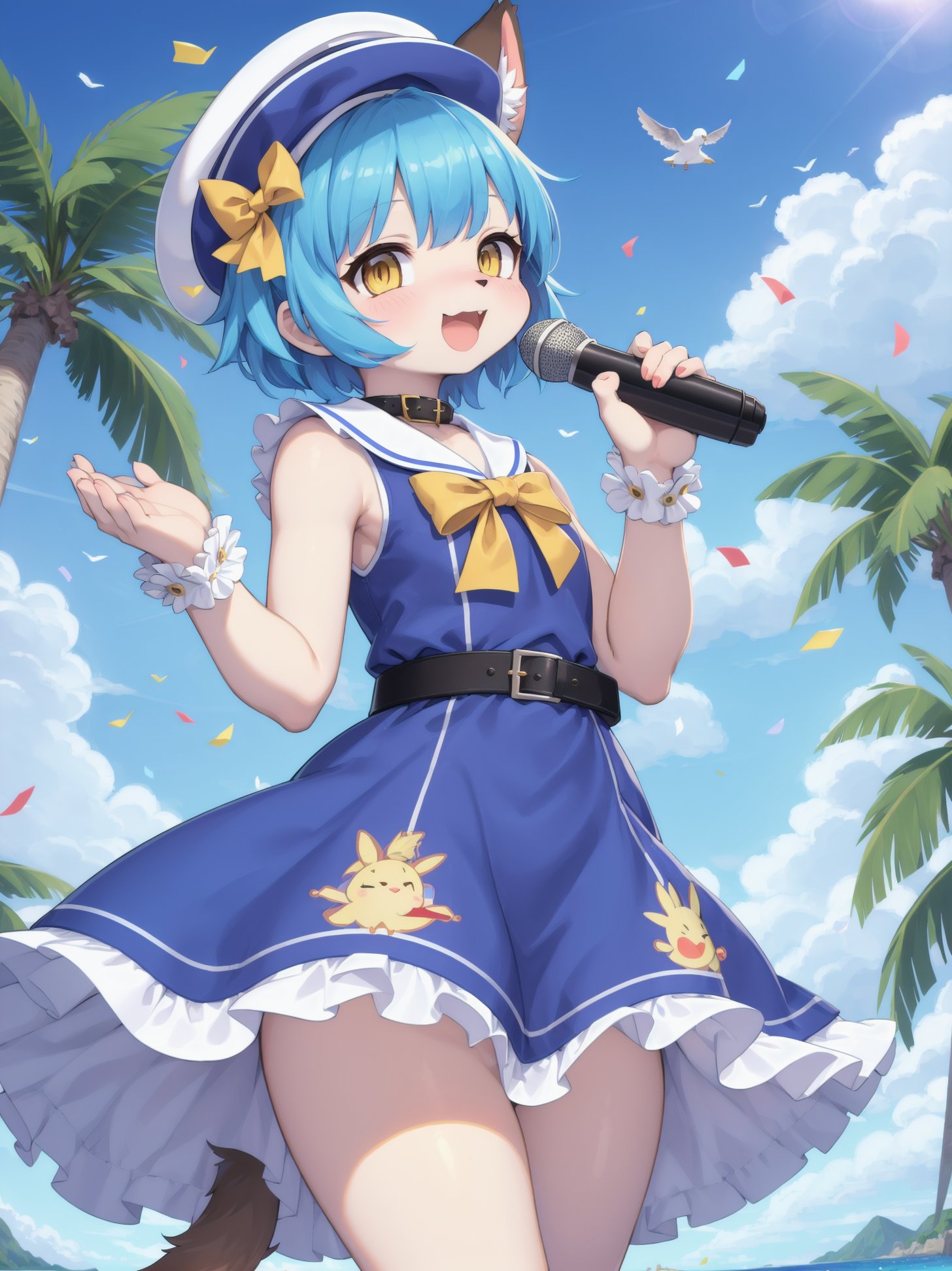 ((masterpiece, best quality)),furry, animal ears, tail, bodyfur, 1girl, bangs, belt, bird, blue_hair, blue_sky, blush, braid, cloud, confetti, day, dress, frills, hair_ribbon, hat, looking_at_viewer, microphone, mini_hat, music, open_mouth, outdoors, palm_tree, ribbon, sailor_collar, sailor_dress, seagull, short_hair, singing, sky, sleeveless, sleeveless_dress, smile, solo, stage, sunlight, tree, wrist_cuffs, yellow_eyes