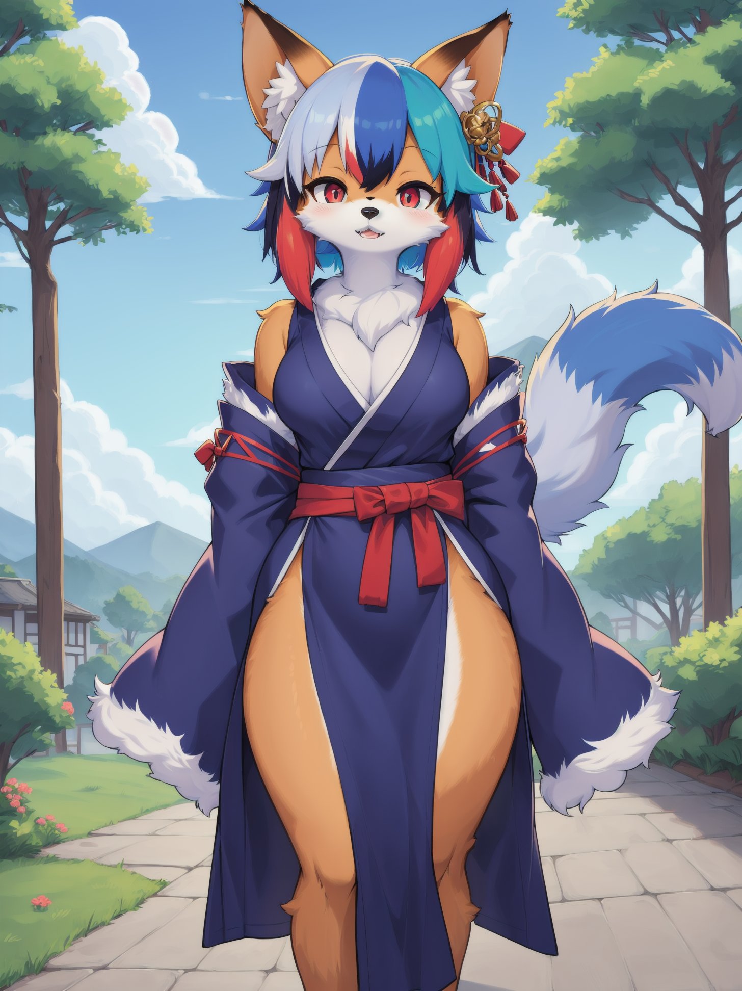 (fluffy anthro furry:1.3), furry raccoon, (Michiru:1.1), small breasts, 1girl, solo, blue hair, two tone hairs, (multicolored eyes:1.3), fox ears, kimono dress, outdoors, <hypernet:furry_kemono:0.75>