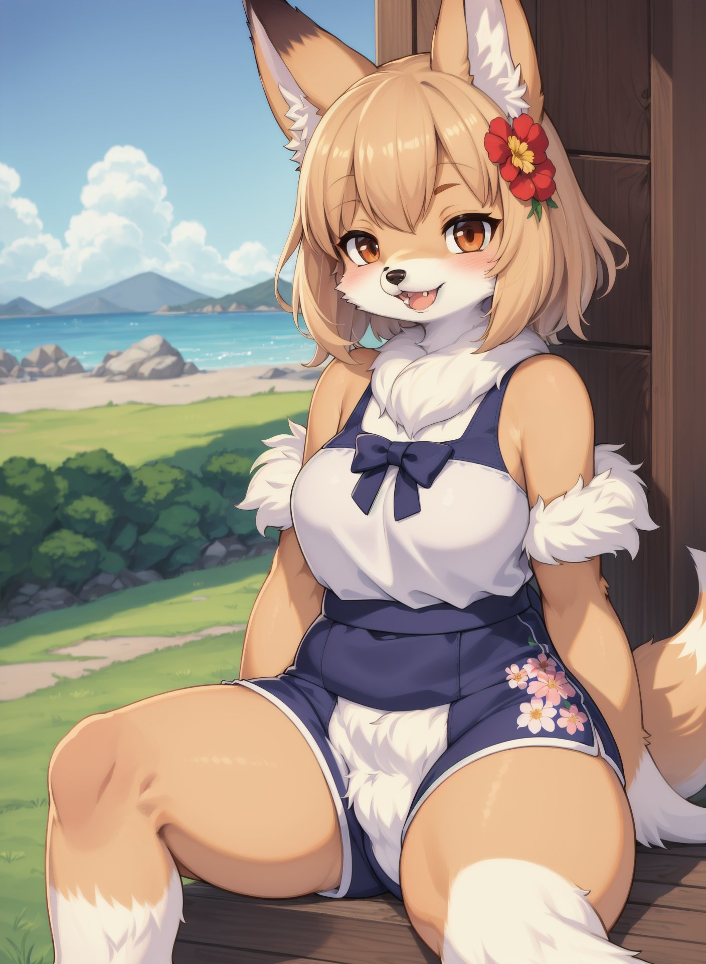 (Highest Quality, 4k, masterpiece, Amazing Details:1.1), sitting,landscape of 80's summer Enoshima, Shallow Depth of Field, E671, :D, Furry art , paw, Art by aruurara, lens 50mm f/2.0, (Fox, furry, anthropomorphic), thin eyebrows, young female, wavy short hair with flower hair ornament, detield fur texture, detield background, wearing short pants, wearing white baretop with print, Fur on arms, big Floofy tail, fur on legs, (realstic Fur covering whole body), looking at viewer