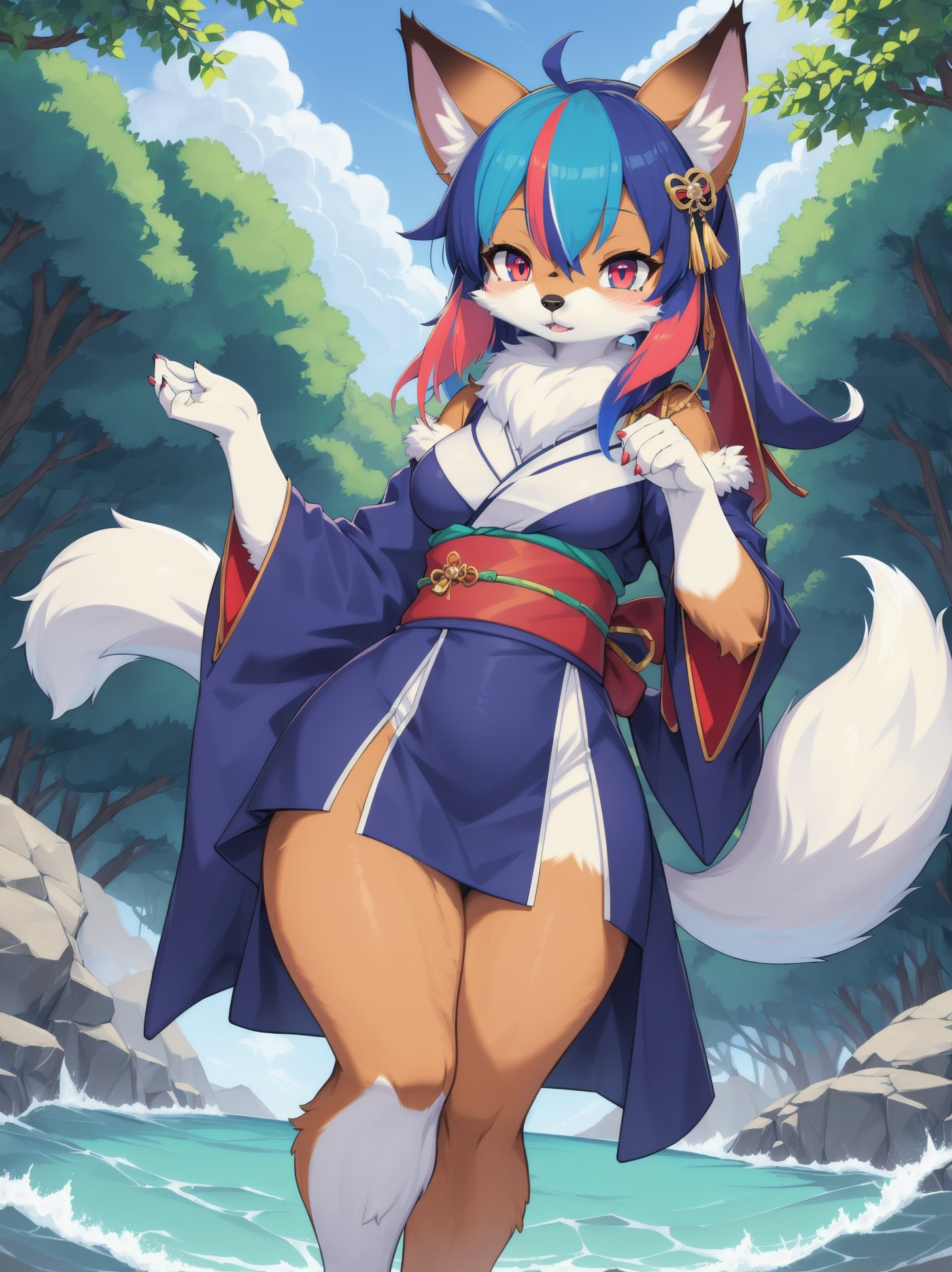 (fluffy anthro furry:1.3), furry raccoon, (Michiru:1.1), small breasts, 1girl, solo, blue hair, two tone hairs, (multicolored eyes:1.3), fox ears, kimono dress, outdoors, <hypernet:furry_kemono:0.75>