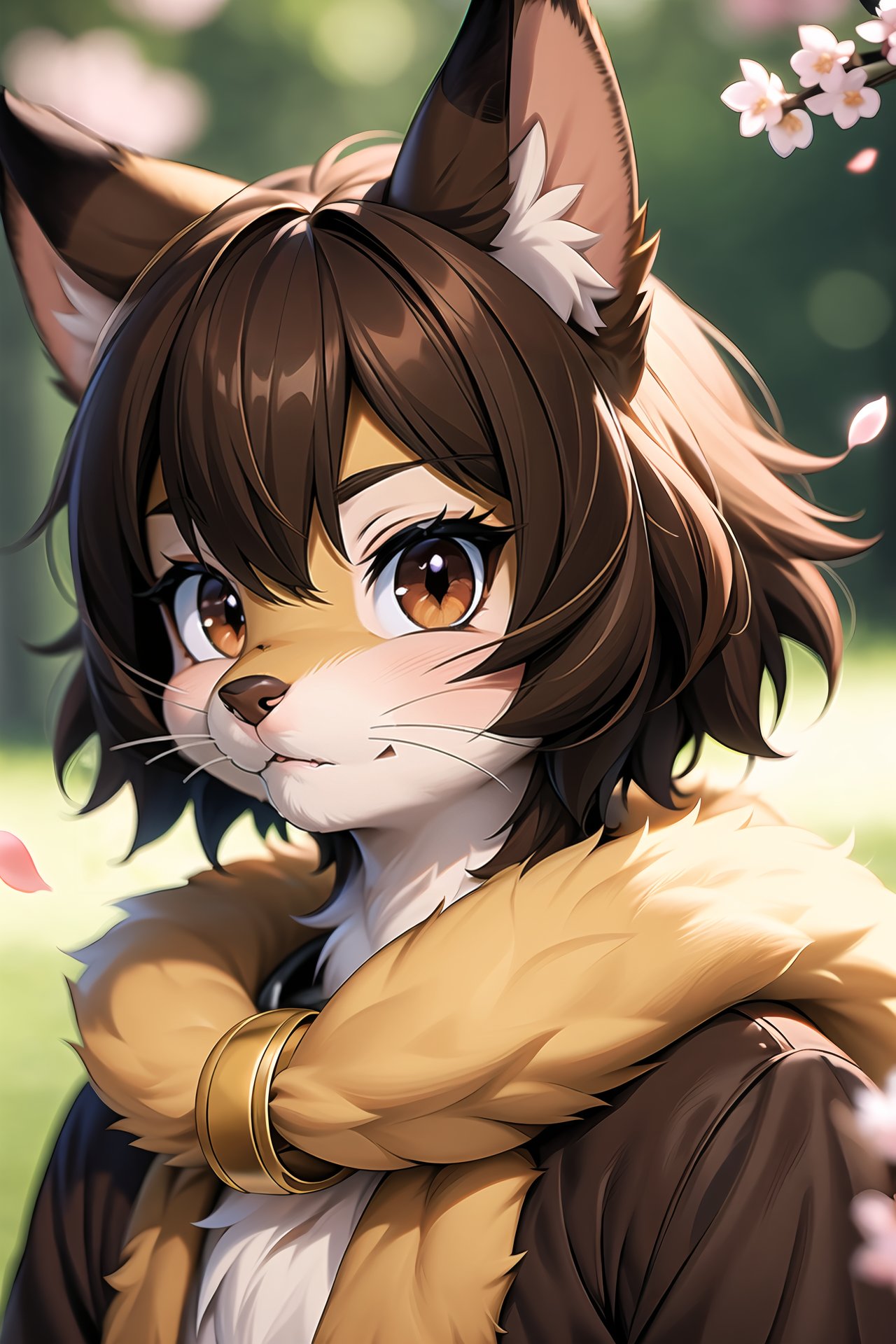 (furry:1.2), realistic fur, details down to every fluff, big eyes, i want the whole image to be created in 3D anime style, solo, looking at viewer, short hair, bangs, brown hair, 1boy, brown eyes, closed mouth, upper body, male focus, blurry, lips, petals, blurry background