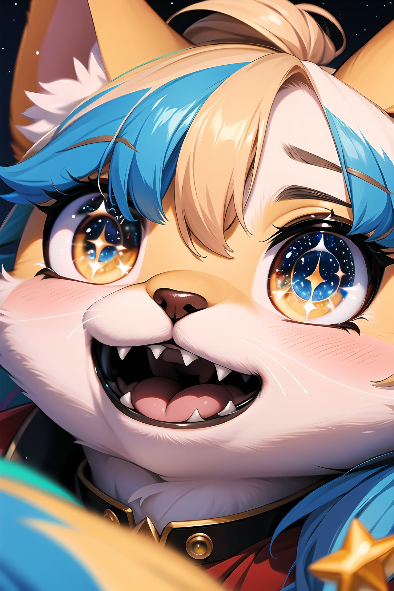 (furry:1.2), realistic fur, details down to every fluff, big eyes, A little anime boy with close - up eyes, sparkling eyes, close - up, two eyes looking forward, long eyelashes, bangs, surrounded by many colorful stars, brilliant colors, meteors, MilkyWay, colorful star clusters, close - up shots, oil painting style, very obvious oil painting minimalist palette style, 32k uhd, beautiful booru, old era, color manga