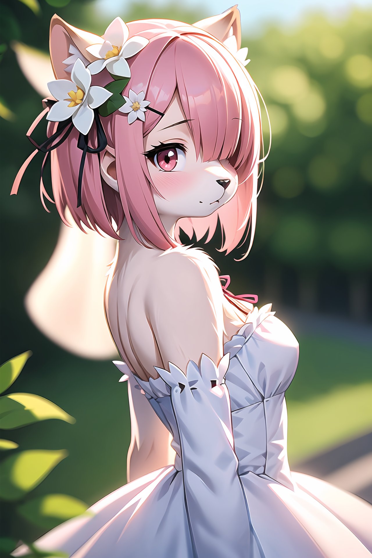 (furry:1.2), realistic fur, details down to every fluff, big eyes, i want the whole image to be created in 3D anime style, 1girl, solo, looking at viewer, blush, short hair, bangs, shirt, hair ornament, red eyes, dress, bare shoulders, closed mouth, upper body, pink hair, flower, sleeveless, hair flower, pink eyes, white dress, hair over one eye, blurry, from side, lips, looking to the side, depth of field, blurry background, x hair ornament, plant, white flower, blurry foreground, ram (re:zero)