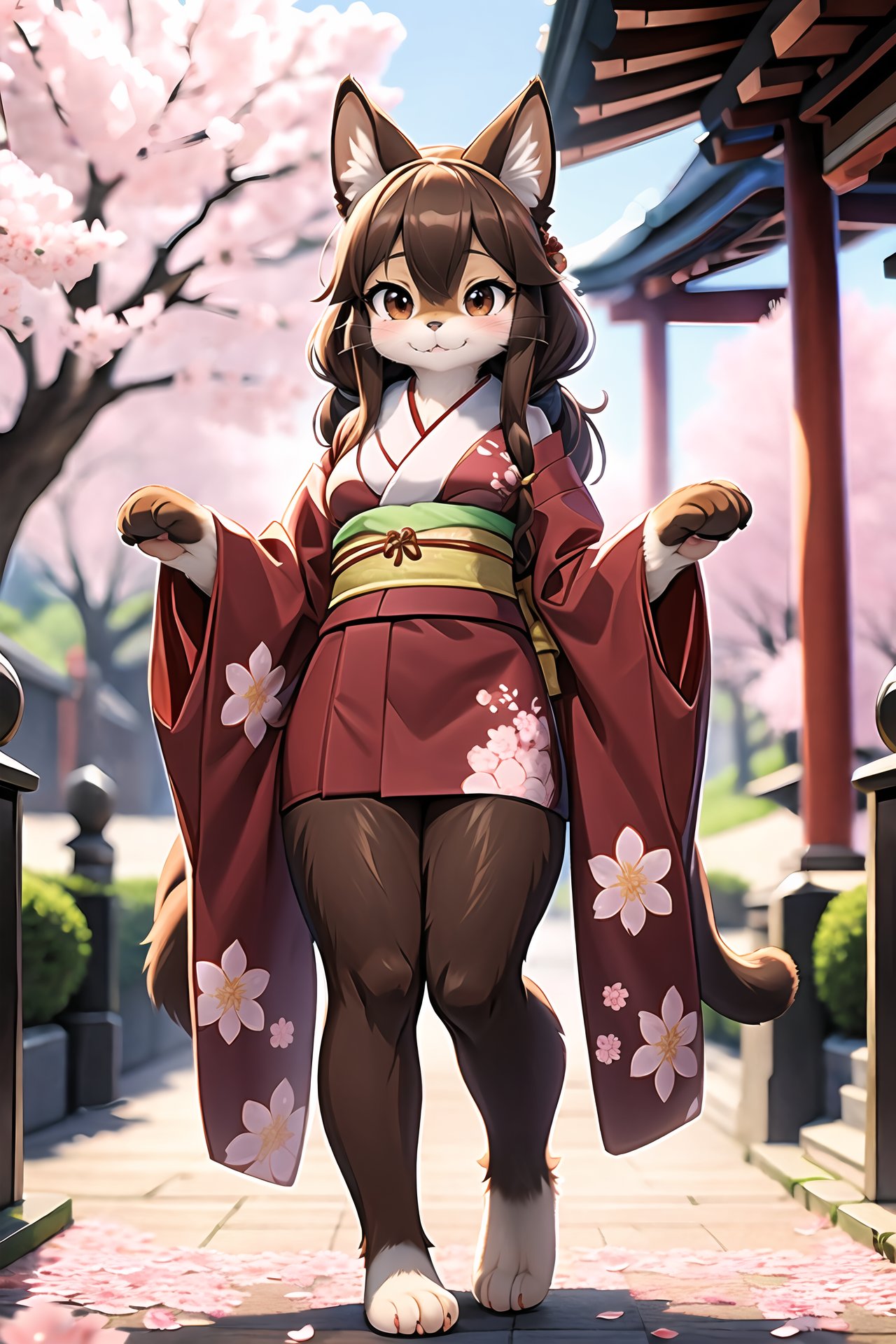 (furry:1.2), realistic fur, details down to every fluff, big eyes, i want the whole image to be created in 3D anime style, 1girl, solo, looking at viewer, smile, animal ears, brown eyes, closed mouth, standing, tail, full body, japanese clothes, kimono, blurry, petals, no humans, :3, blurry background, cat, cherry blossoms, furry, furry female, whiskers, pawpads