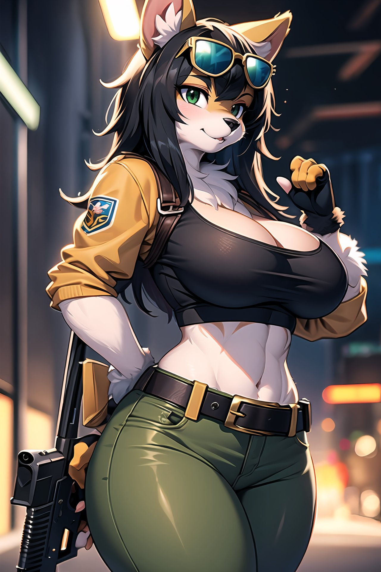 (furry:1.2), realistic fur, details down to every fluff, big eyes, 1girl, solo, breasts, large breasts, black hair, gloves, cleavage, green eyes, weapon, black gloves, midriff, belt, pants, fingerless gloves, holding weapon, blurry, huge breasts, lips, crop top, gun, makeup, blurry background, swept bangs, sunglasses, holding gun, handgun, curvy, nose, trigger discipline, camouflage