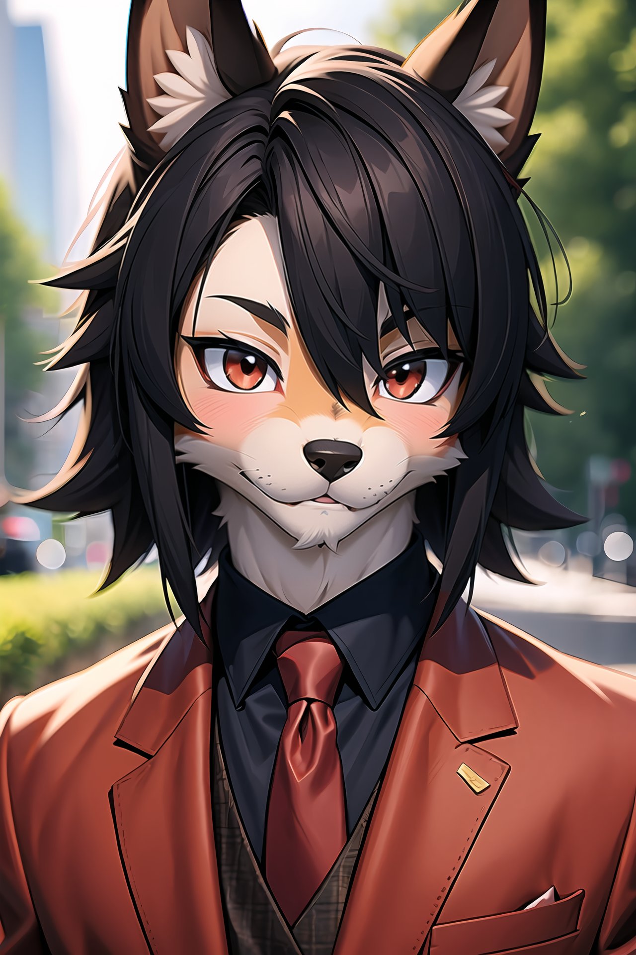 (furry:1.2), realistic fur, details down to every fluff, big eyes, i want the whole image to be created in 3D anime style, solo, looking at viewer, shirt, black hair, red eyes, 1boy, hair between eyes, closed mouth, jacket, upper body, male focus, necktie, collared shirt, blurry, lips, depth of field, blurry background, formal, suit, red necktie, red shirt, portrait, realistic