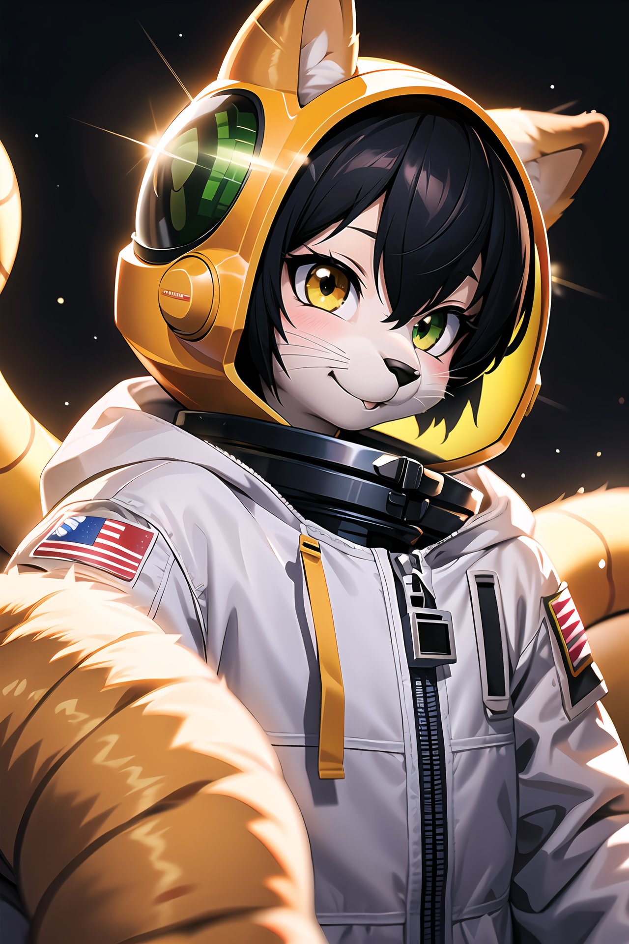 (furry:1.2), realistic fur, details down to every fluff, big eyes, masterpiece, best quality, Half body portrait, 1girl, anime, 3D, realistic, teen girl, smiling, cute face, short hair, astronaut helmet, starry universe background, true light, bodysuit, beautiful, sexy, colourful, nsfw, smooth skin, illustration, by stanley artgerm lau, sideways glance, foreshortening, extremely detailed, high resolution, ultra quality, glare, Iridescent, Global illumination, realistic light and shadow, hd, 8k, i want the whole image to be created in 3D anime style, solo, looking at viewer, short hair, bangs, simple background, black hair, 1boy, white background, hair between eyes, green eyes, jacket, yellow eyes, upper body, male focus, black jacket, heterochromia, animal, bandages, portrait, snake, demon slayer uniform, bandage on face, white snake