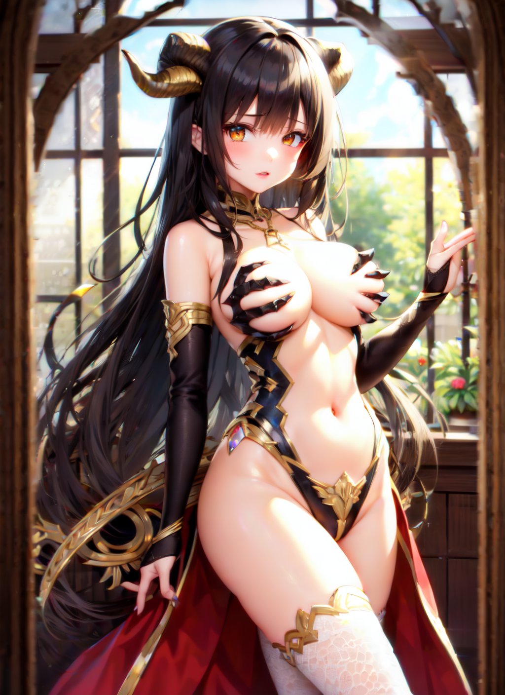 <lora:demon:1> 1girl, solo, large breasts, cleavage, (topgrab:1.1), (demon horns:1.1), demon girl, closed mouth, indoors, cowboy shot, standing, navel,very long hair, bridal gauntlets, bridal legwear, crossed legs, necklace, hair ornament, thighhighs, lace trim, revealing clothes, dress, detached sleeves, white thighhighs, window, sunlight, halterneck, gold trim,