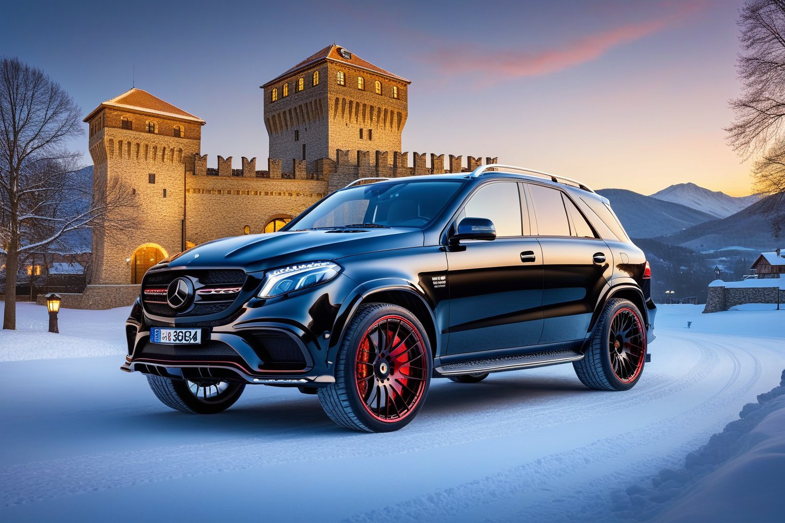 (1 car,  2024 Brabus AMG GLE 63 900 Rocket,  FEDYA written on the noera,  customized and improved by Brabus tuning company),  Brabus AMG GLE 63 900 Rocket,  parked against the background of a medieval castle,  snowy,  night time,  (best quality,  realistic,  photography,  highly detailed,  8K,  HDR,  photorealism,  naturalistic,  realistic,  raw photo),  H effect,  dragon_h,  itacstl,<lora:EMS-279657-EMS:0.800000>,<lora:EMS-290677-EMS:0.800000>,<lora:EMS-281129-EMS:0.800000>
