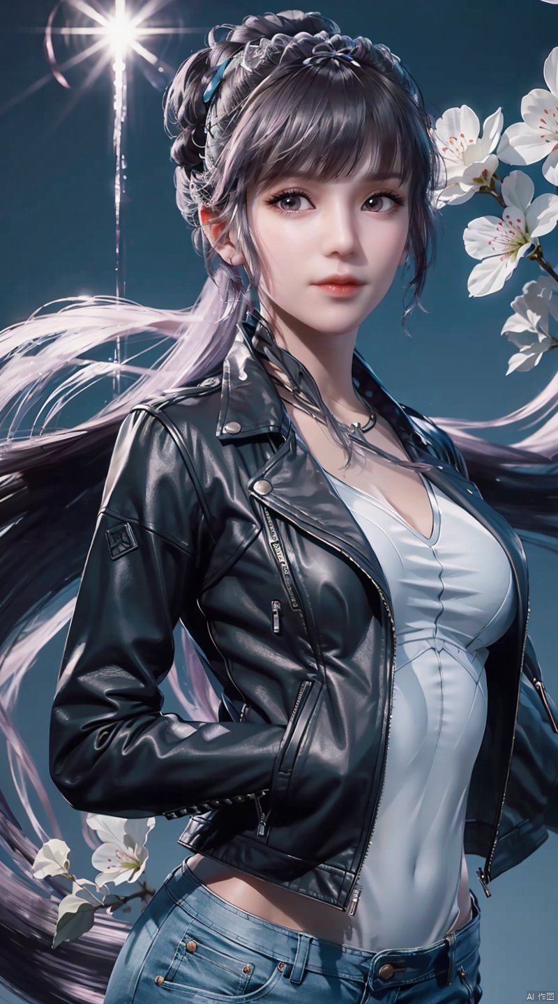  upper_body,,panorama,black leather jacket,leather jacket,tight leather pants,exploring cherry blossom branches,wonderland,light blue element,night,side light shining on the face, jmai