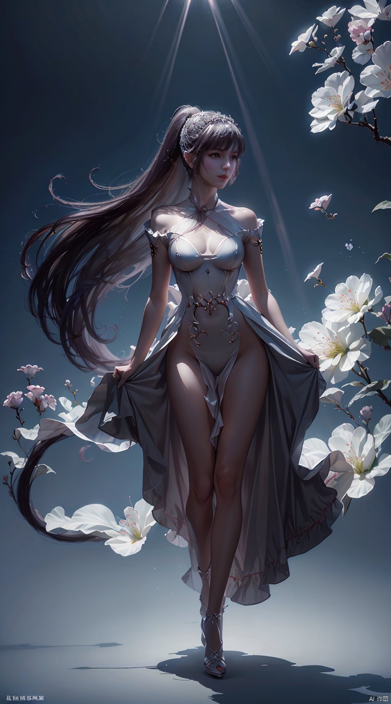 ,full_body,panorama,red dress,exploring cherry blossom branches,wonderland,light blue element,night,(side light shining on the face),