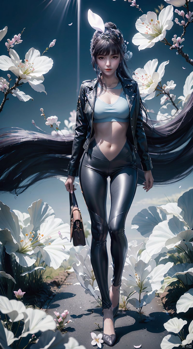  full_body,panorama,tight leather pants,leather_jacket,exploring cherry blossom branches,wonderland,light blue element,night,(side light shining on the face),