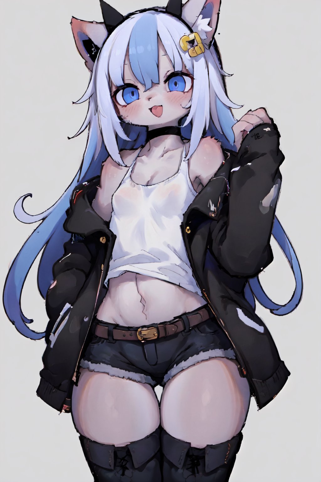 ((masterpiece, best quality)),furry, animal ears, tail, 1girl, :d, bare_shoulders, belt, belt_buckle, black_footwear, black_shorts, blonde_hair, blue_belt, blue_eyes, blue_legwear, blush, boots, buckle, cowboy_shot, hair_ornament, head_tilt, jacket, knee_boots, kneehighs, long_hair, long_sleeves, multicolored_hair, off_shoulder, open_clothes, open_jacket, open_mouth, see-through, shirt, short_shorts, shorts, sidelocks, simple_background, skindentation, sleeveless, sleeveless_shirt, sleeves_past_fingers, sleeves_past_wrists, smile, solo, streaked_hair, thigh_strap, very_long_hair, white_background, white_hair, white_shirt, wide_sleeves