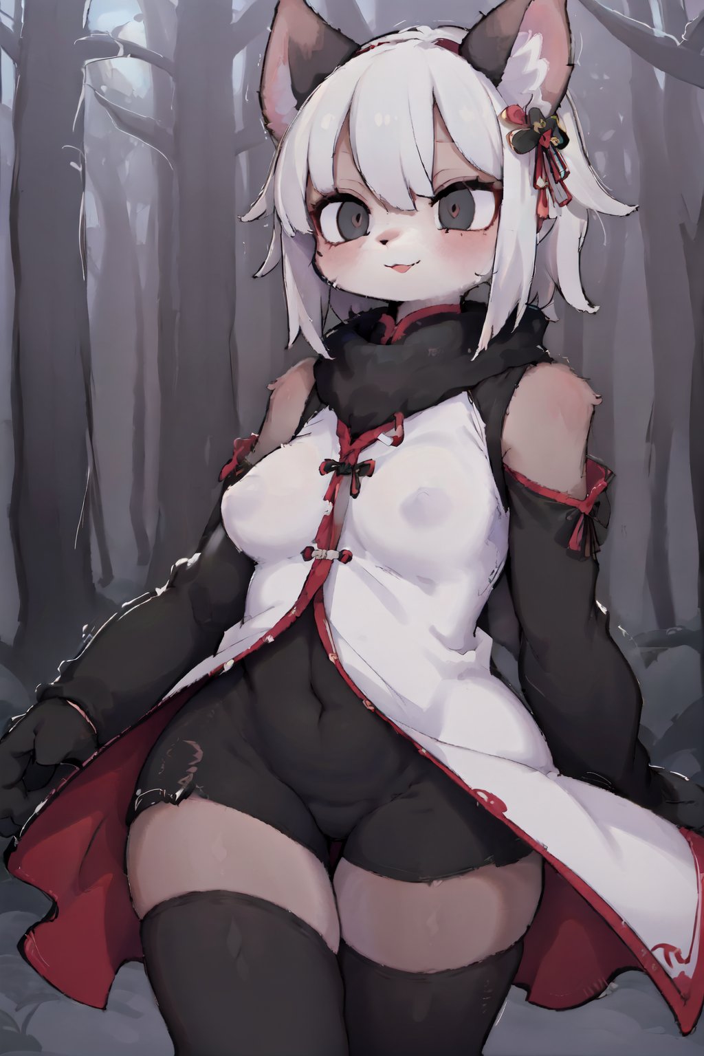 ((masterpiece, best quality)),furry, (black ears),  1girl, standing, ((panda)), (panda ears), (forest), curvy, short hair, white dress, black gloves, white hair, large breasts, thighhighs, thick thighs, outdoors, hands down,smile, looking away, chinese clothes, long dress, bike shorts, 