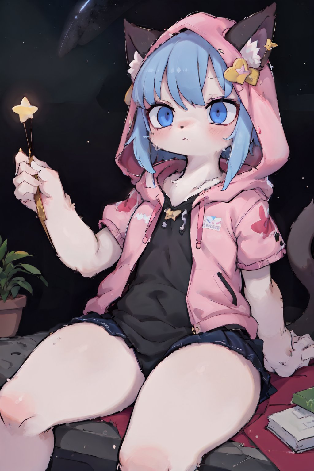 ((masterpiece, best quality)),furry, animal ears, tail, 1girl, book,star_(sky), sitting, solo, constellation, sky, hood, holding, plant, long hair, jewelry, starry sky, star \(symbol\), blue eyes, potted plant, open book, earrings, , shooting star,blue eyes, starry sky print, sky adorns skirt,multicolored hair, sky adorns hair,A girl is under the starry sky