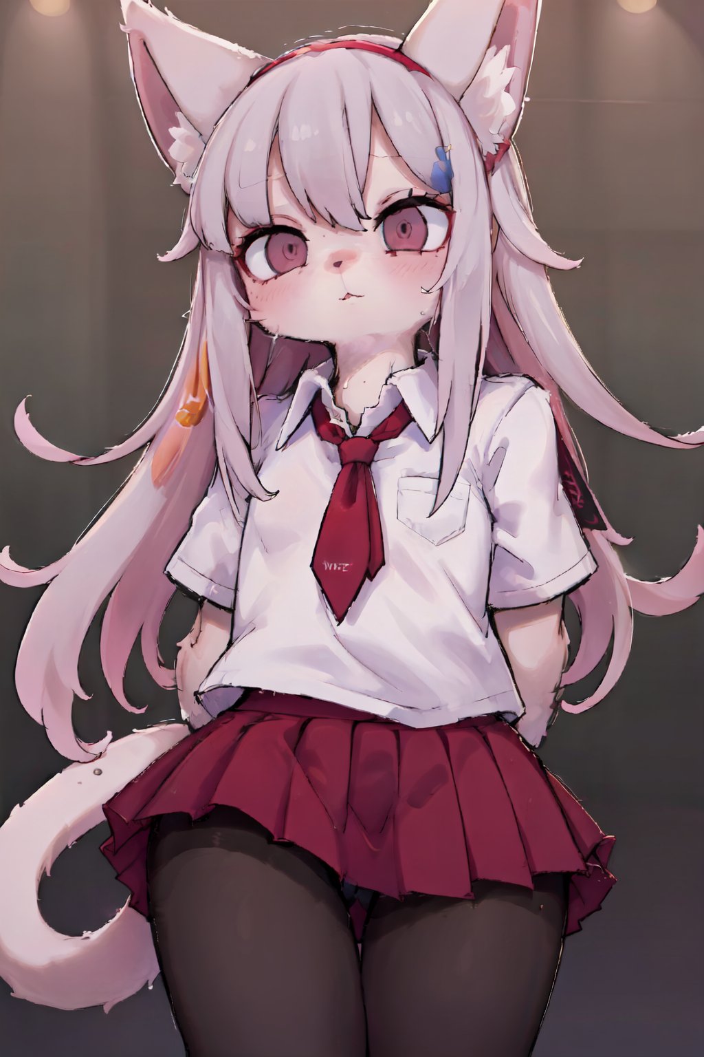 ((masterpiece, best quality)),furry, animal ears, tail, 1girl, school uniform, white shirt, red skirt, long hair, pantyhose, 