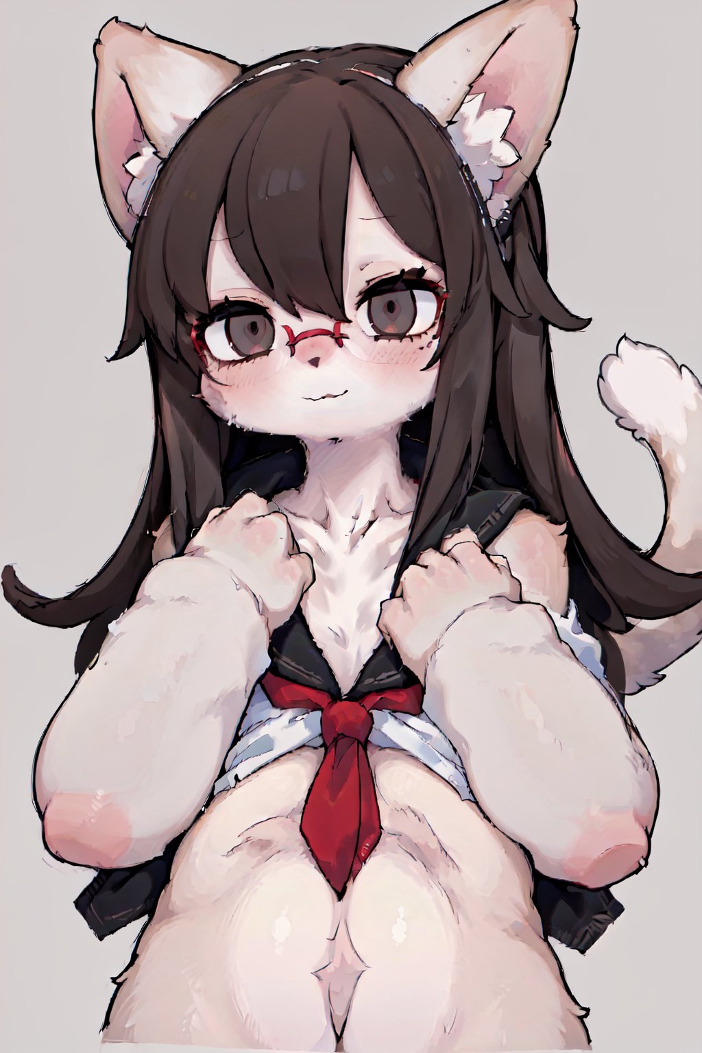 ((masterpiece, best quality)),furry, animal ears, tail, 1girl, adjusting_eyewear, bangs, black_neckwear, blush, brown_eyes, brown_hair, closed_mouth, collarbone, eyebrows_visible_through_hair, glasses, glasses_day, hands_up, long_hair, long_sleeves, red-framed_eyewear, sailor_collar, semi-rimless_eyewear, shirt, simple_background, smile, solo, under-rim_eyewear, upper_body, white_background, white_sailor_collar, white_shirt