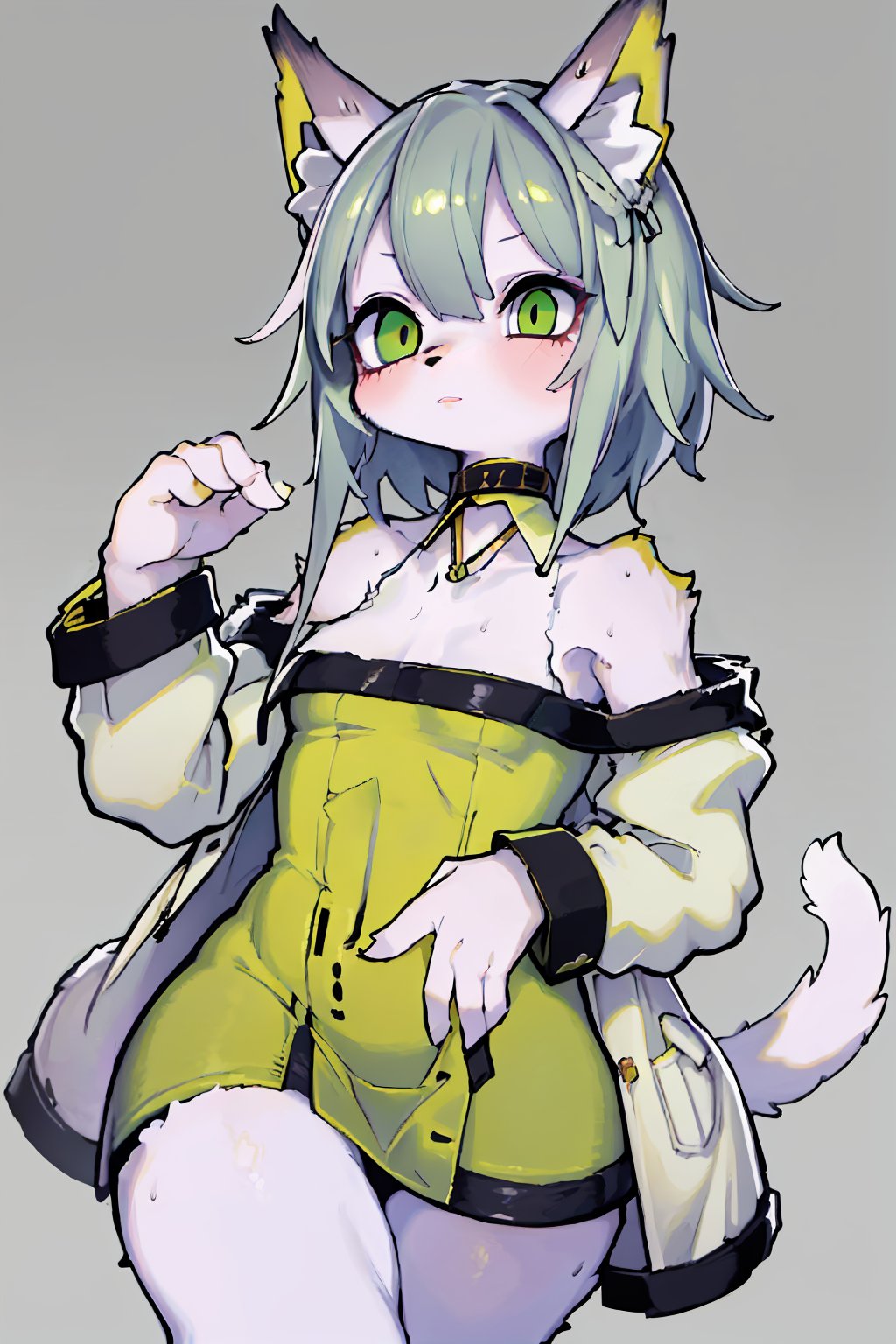 ((masterpiece, best quality)), furry, animal ears, tail, ((1girl, mature female, milf, short hair, thighs, seductive pose, small breasts, shiny body, skindentation, animal ears, parted lips, )), (( normal, green dress, jacket, bare shoulders, choker, )), ((masterpiece, absurdres, solo , simple background, dynamic pose, high detailed, cinematographic lights )) ,