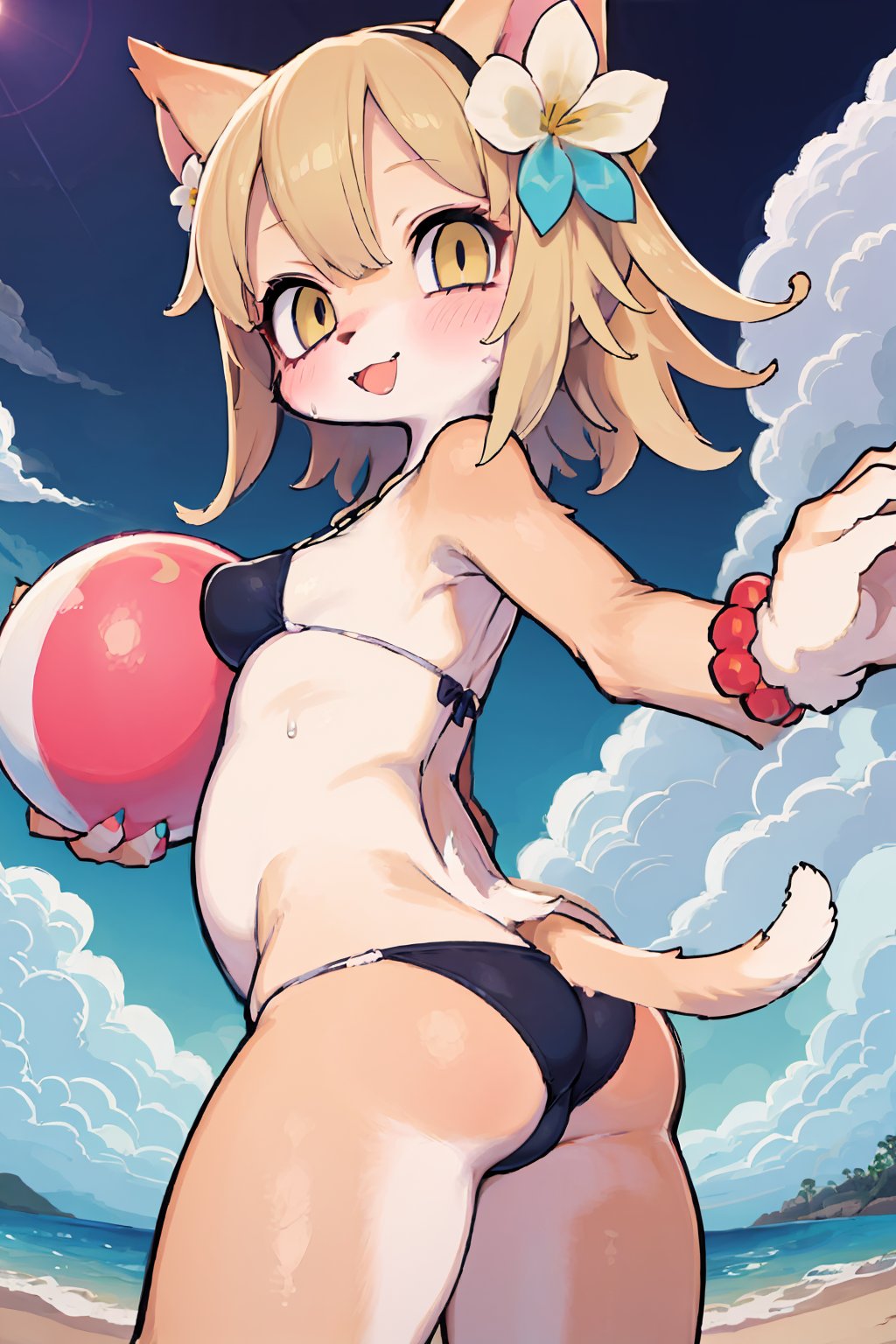 ((masterpiece, best quality)), furry, animal ears, tail, 1girl, ass, ball, bangs, bare_shoulders, beach, beachball, bead_bracelet, beads, bikini, black_bikini, blonde_hair, blue_sky, blush, bracelet, breasts, cloud, day, flower, hair_flower, hair_ornament, jewelry, large_breasts, looking_at_viewer, medium_hair, nail_polish, open_mouth, outdoors, rubber_duck, shore, sidelocks, sky, smile, solo, swimsuit, thighs, water, wet, yellow_eyes