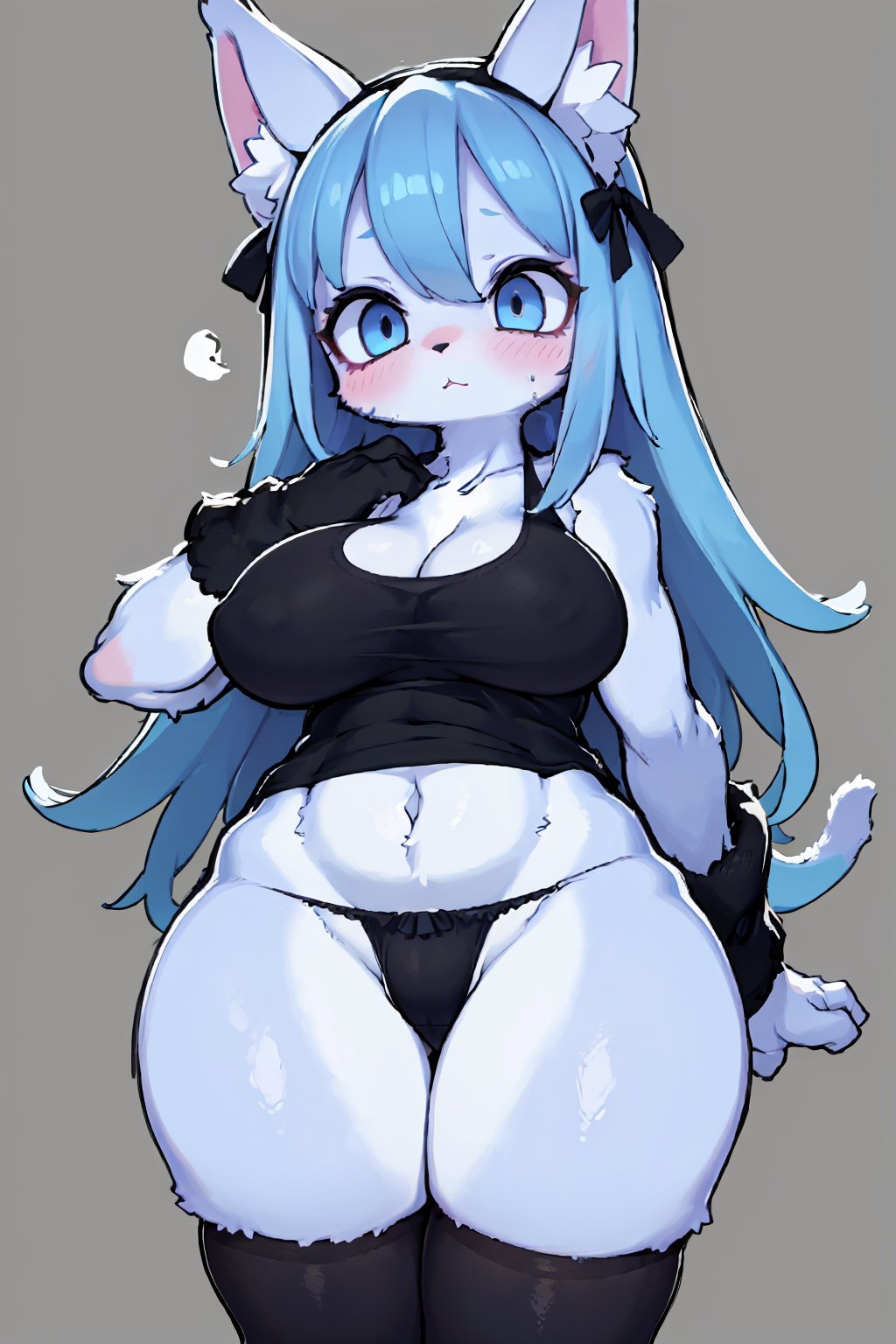 ((masterpiece, best quality)), furry, animal ears,tail, 1girl, black_panties, blue_eyes, blue_hair, blush, breasts, cleavage, clothes_writing, embarrassed, hand_on_own_elbow, large_breasts, long_hair, looking_at_viewer, no_pants, panties, shiny, shiny_hair, shiny_skin, simple_background, tank_top, thick_thighs, thighs, underwear, 