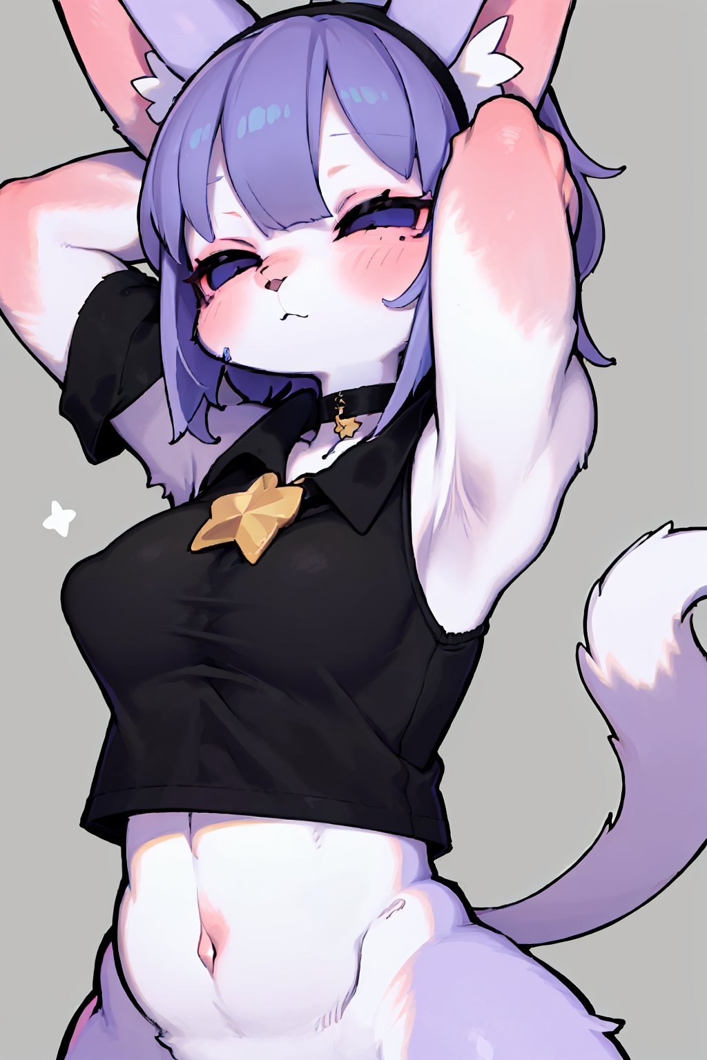 ((masterpiece, best quality)), furry, animal ears, tail, 1girl, armpits, arms_behind_head, arms_up, bare_arms, black_choker, black_shirt, breasts, brooch, choker, closed_eyes, collared_shirt, crop_top, gradient_hair, jewelry, large_breasts, midriff, multicolored_hair, navel, neck_ribbon, purple_hair, ribbon, shirt, simple_background, sleeveless, sleeveless_shirt, solo, star_(symbol), stomach, stretch, upper_body, virtual_youtuber, white_background