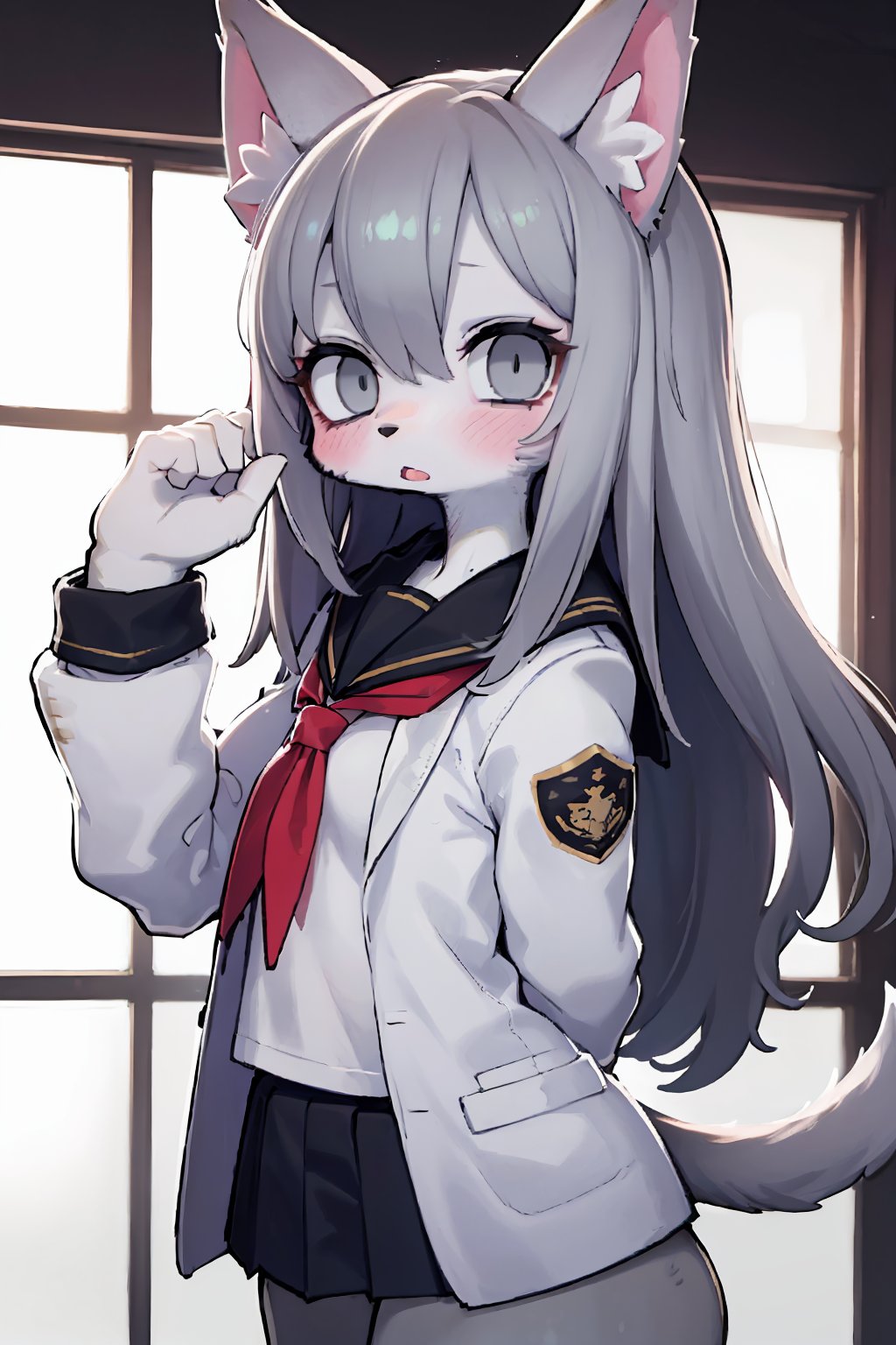 ((masterpiece, best quality)), furry, animal ears, tail, 1girl, adjusting_hair, animal_ears, backlighting, blush, dog_ears, dog_tail, from_side, grey_eyes, hair_between_eyes, long_hair, looking_at_viewer, neckerchief, open_mouth, school_uniform, serafuku, shiny, shiny_hair, sidelocks, silver_hair, solo, tail, upper_body