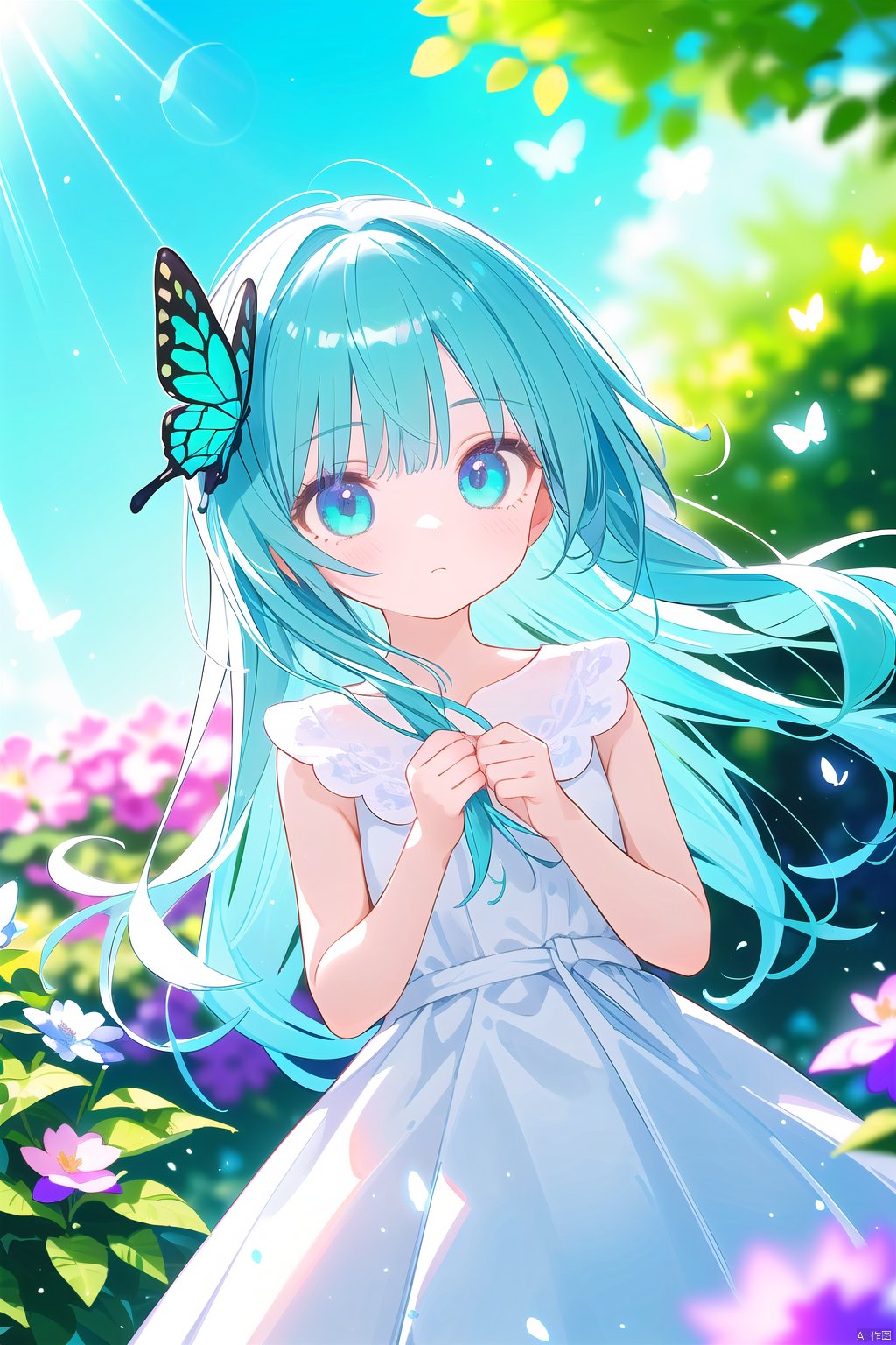  masterpiece,best quality,wide shot,(depth of field),global illumination,soft shadows,backlight,lens flare,((colorful refraction)),((cinematic lighting),looking outside,with butterfly,1girl with lightblue long hair and blue aqua eyes,hair flowers,hime cut,sunlight,blurry background,blurry,garden,White Dress,Purple flowers,Fluttering hair