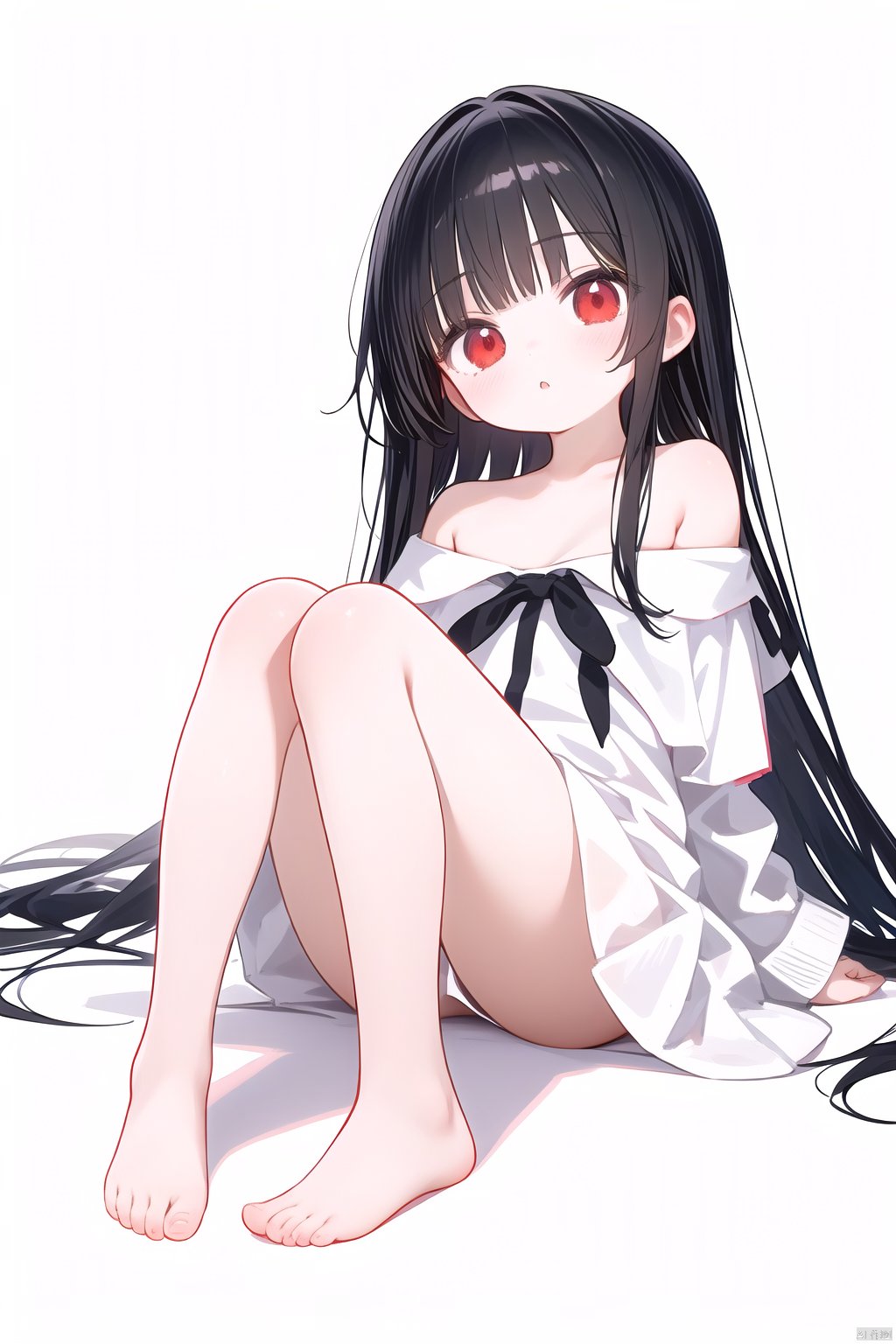 1girl, loli, student, petite, long hair, straight_hair, otaku room, white-off-shoulder_dress, red eyes, knees_together_feet_apart, black hair, simple_background