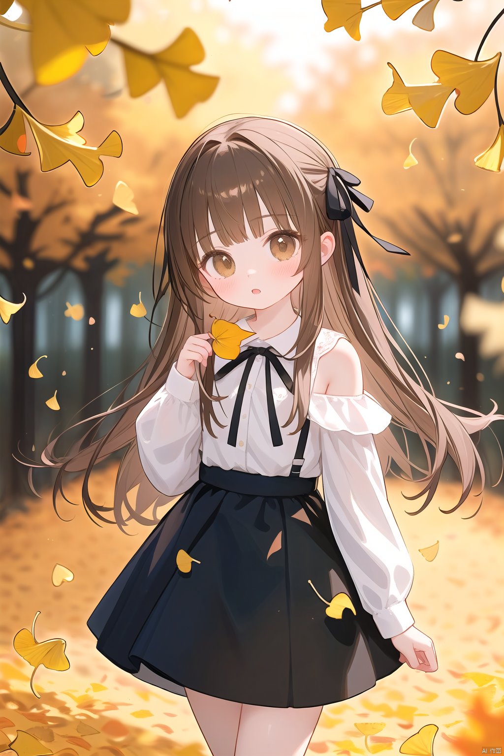 1girl,  solo,  holding leaf,  long hair,  ginkgo leaf,  brown eyes,  skirt,  looking at viewer,  holding,  ribbon,  hair ribbon,  long sleeves,  shirt,  blurry,  leaf,  blurry background,  bangs,  off shoulder,  brown skirt,  black ribbon,  brown hair,  blush,  depth of field,  white shirt,  hand up,  autumn leaves,  black shirt