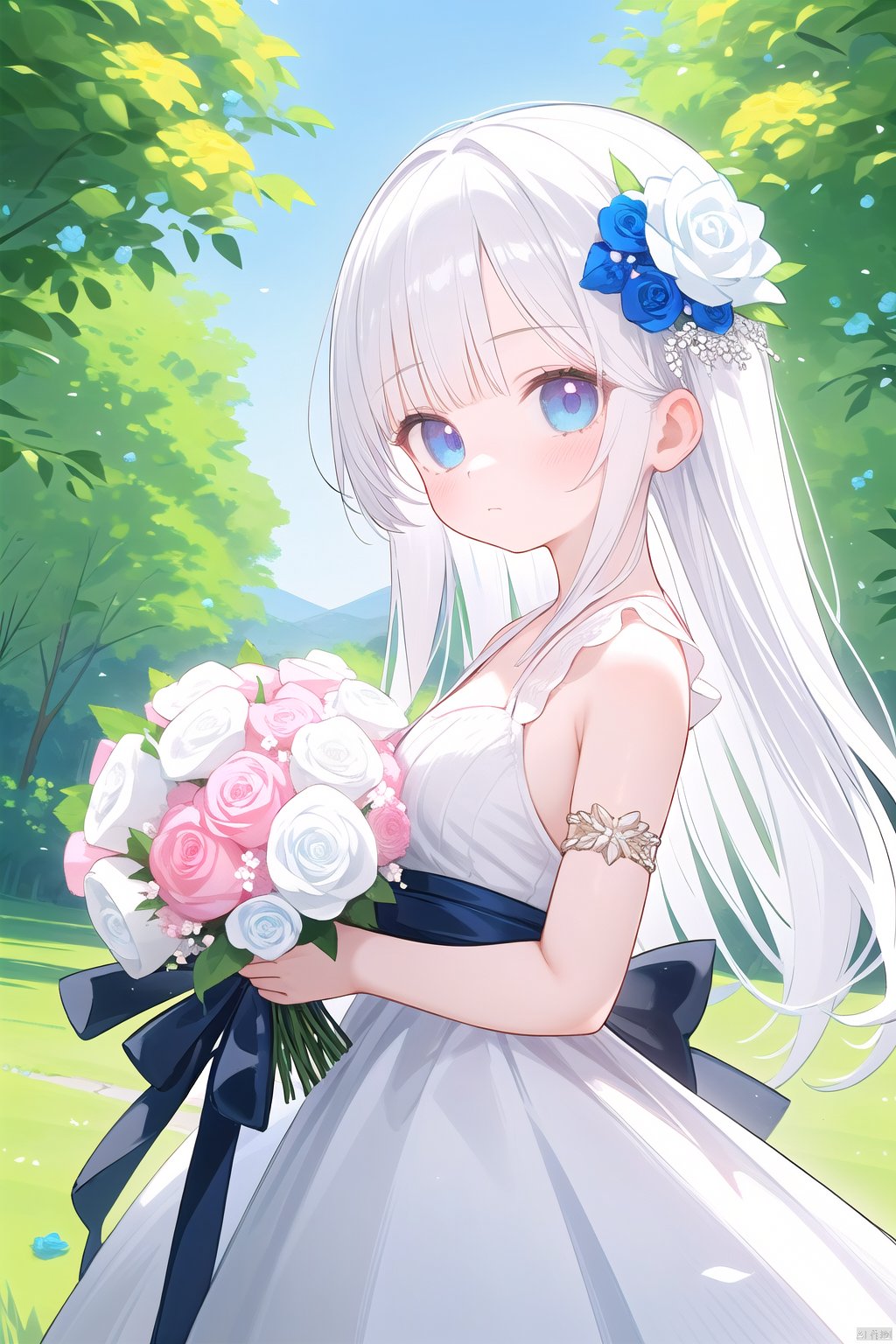 solo,  1girl,  dress,  flower,  blue eyes,  looking at viewer,  long hair,  hair ornament,  white dress,  hair flower,  holding,  bangs,  white hair,  bouquet,  armlet,  pink flower,  sleeveless dress,  bare shoulders,  from side,  sleeveless,  holding bouquet,  outdoors,  breasts,  rose,  blush,  closed mouth