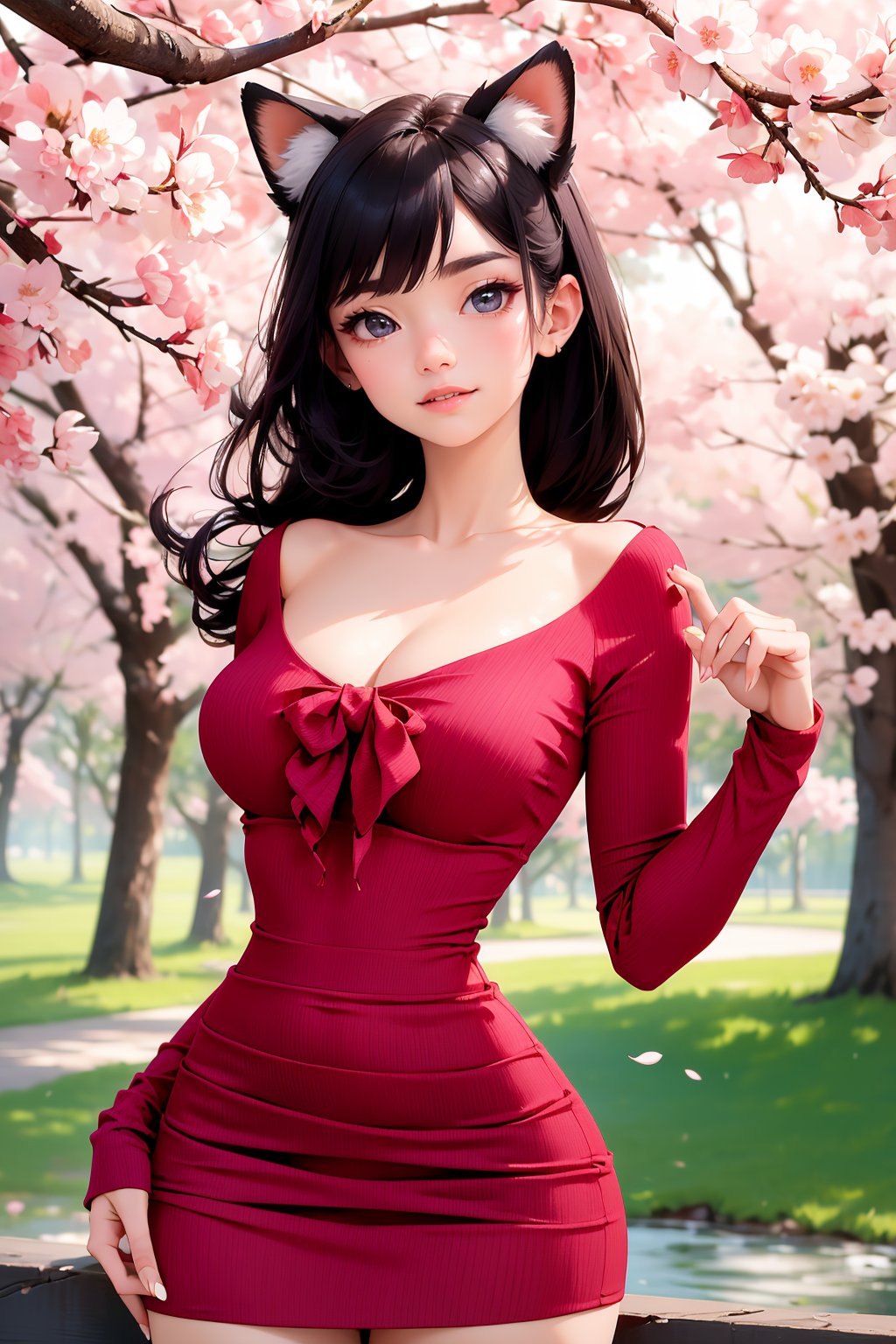 Best quality,  hyper-high detail,  very high res,  hight contrast, brightcolors, Extremely detailed CG,  真实感, absurd res, fox ear, Huge colorful fox tail,  8K, Colorful,  A 20-year-old nine-tailed fox girl, japanaese girl, smile,  mini bodycon dress,  bzlizzie,  (maroon dress),  cleavage,  bare shoulders,  collarbone,  long sleeves, (((upper body))),  ((cowboy_shot)), Solo, Perfect body shape,  in a panoramic view, (Black eyes),  (Black hair to the shoulders),  Beautiful eyes, (usa ropa blanca:1.3), Wet clothes,  short dress,  kneehighs,  shoes, detailed and beatiful face and eyes,  ((Shiny skin)),  Shiny hair,  (detailed and beautiful shiny clothes,  Temple, holy rays, japan temple, the cherry trees, Cherry blossoms flying, Rained, (dynamicposes:1.3), low perspective,<lora:EMS-296728-EMS:1.000000>