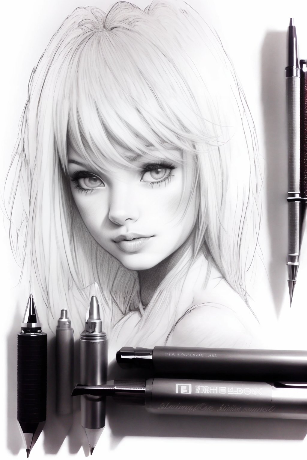 sketch, 1girl,solo,long hair,looking at viewer,bangs,simple background,white background,sitting,closed mouth,monochrome,greyscale,hair over one eye,lips,traditional media,graphite (medium),pencil,mechanical pencil