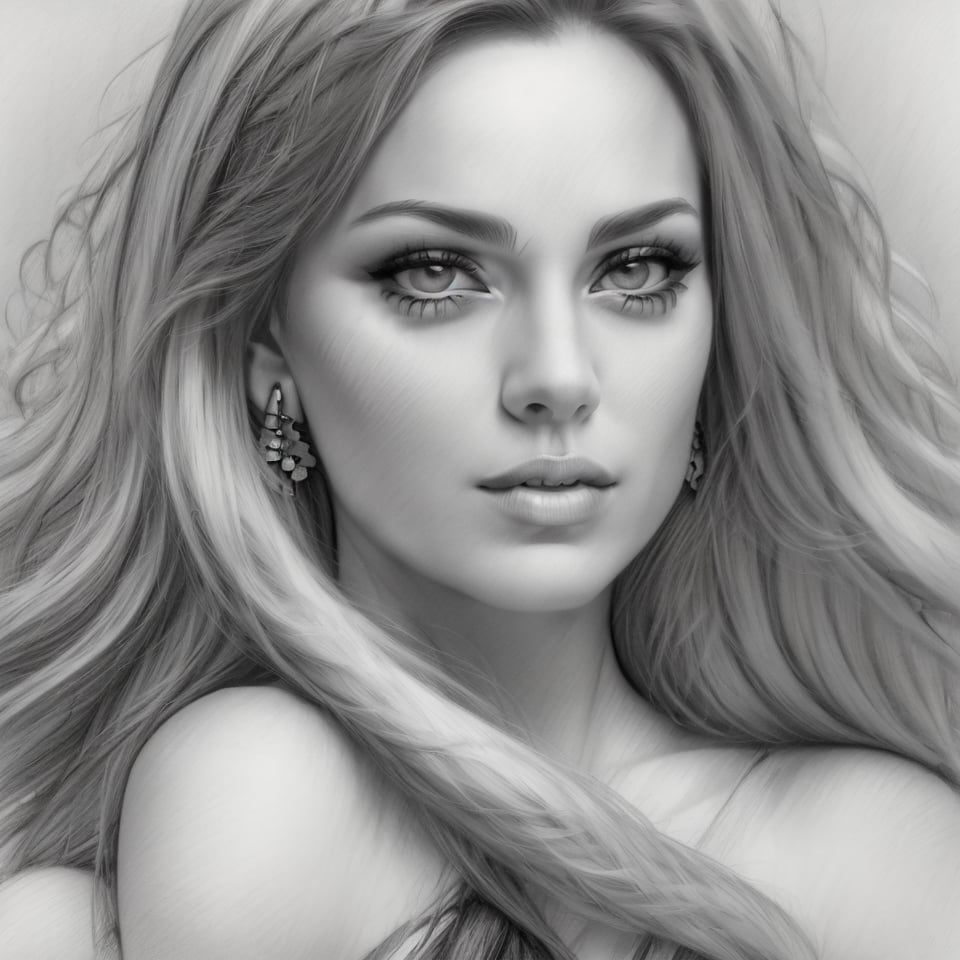 sketch, 1girl,solo,long hair,looking at viewer,bare shoulders,jewelry,monochrome,greyscale,earrings,parted lips,lips,eyelashes,portrait,realistic,nose