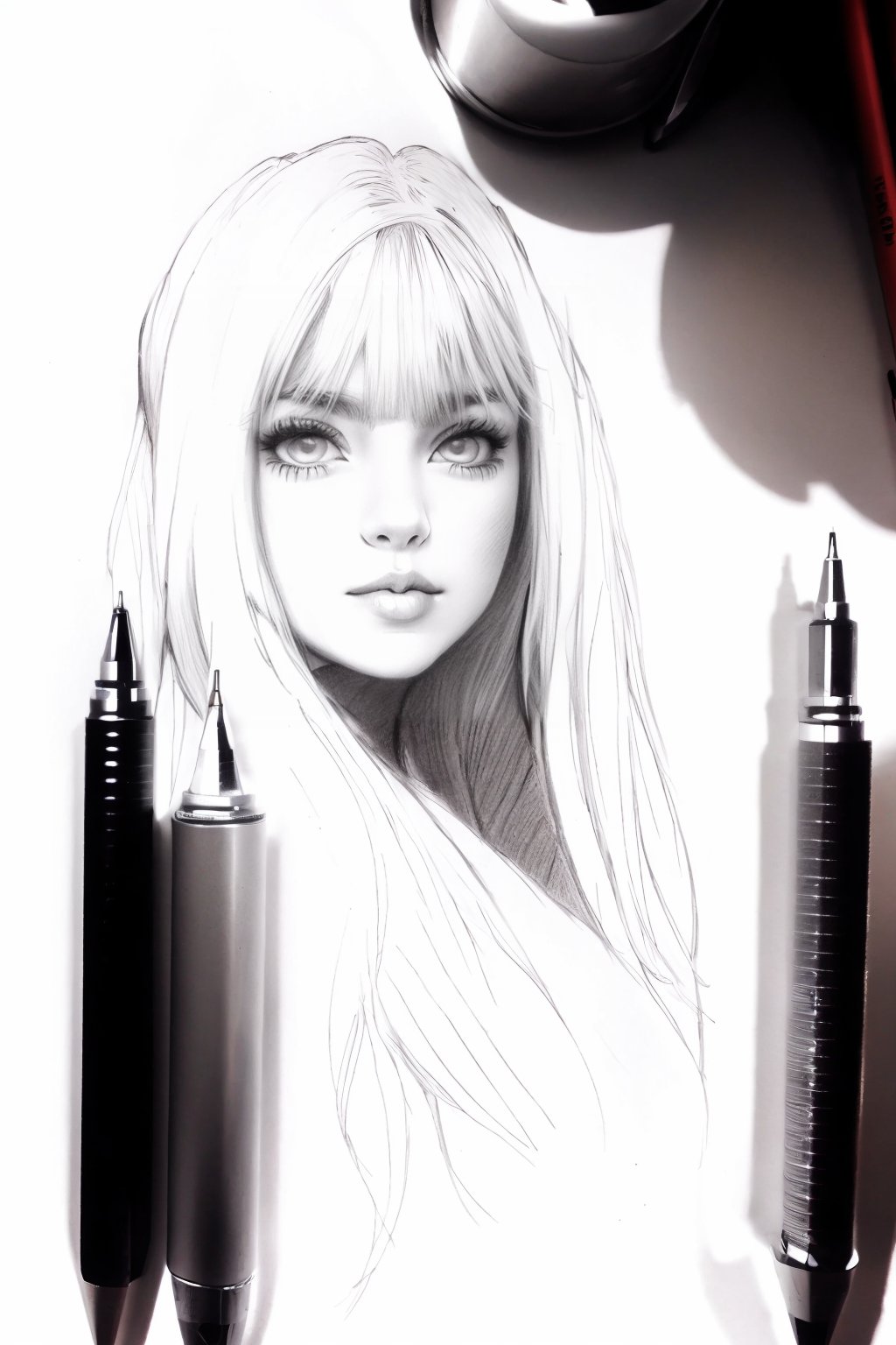 sketch, greyscale,1girl,solo,long hair,looking at viewer,bangs,simple background,white background,sitting,closed mouth,monochrome,greyscale,hair over one eye,lips,traditional media,graphite (medium),pencil,mechanical pencil